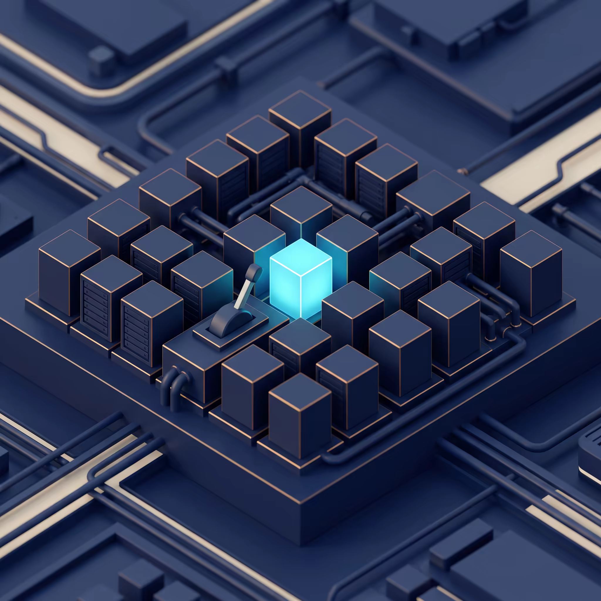 A grid of dark, dormant isometric server-block cubes with a single cube glowing bright cyan beside a small lever switch, the rest of the grid left unlit