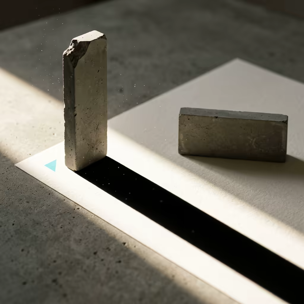 Two small concrete tiles standing on a bone-white sheet, the tall chipped one throwing a long hard shadow while the low broad one sits in soft light with almost none