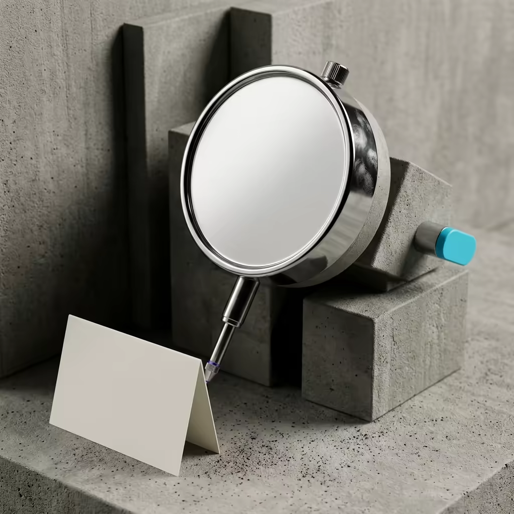 A chrome dial gauge with a completely blank unmarked face, its probe resting against a folded bone-white card on a concrete ledge