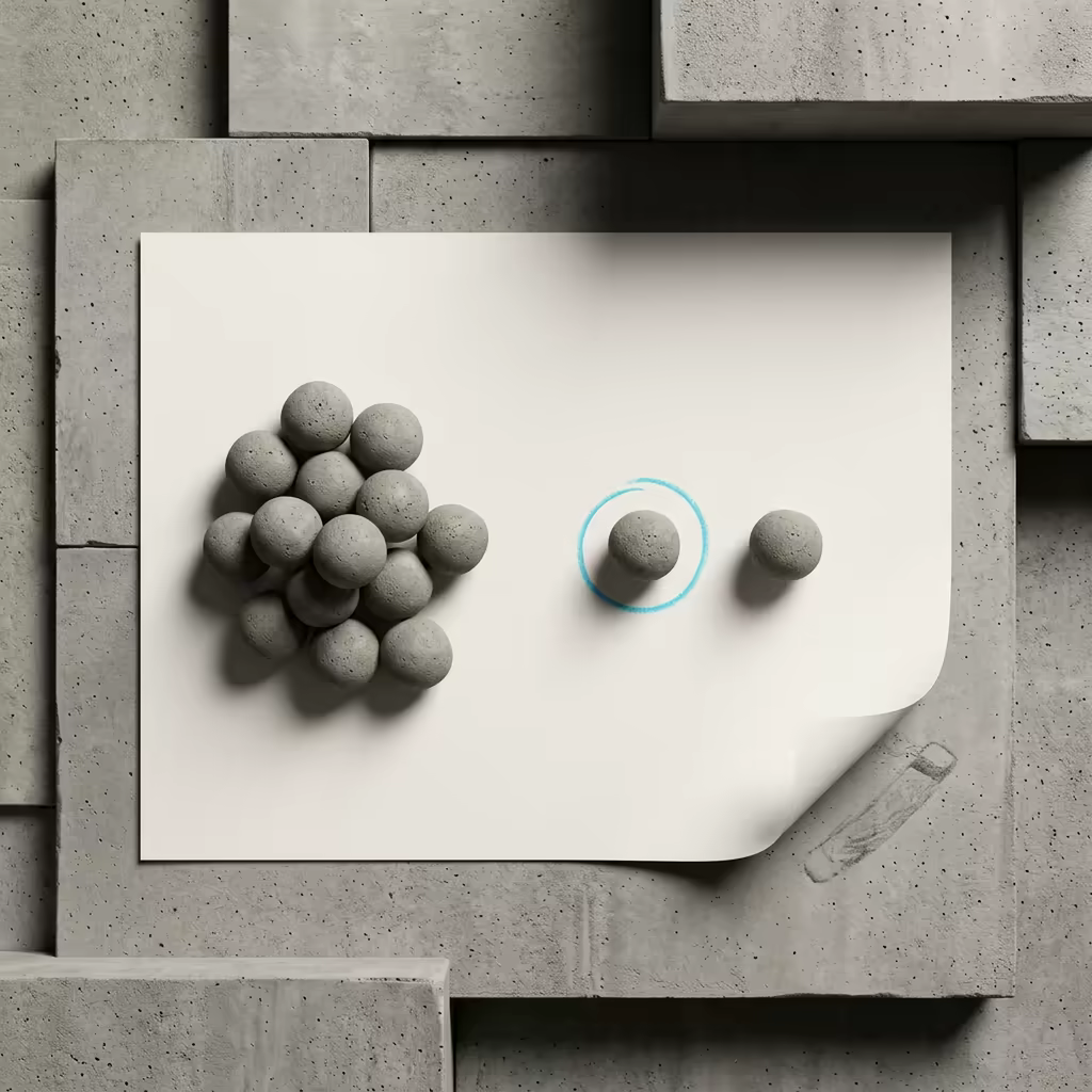 Seen from above, a dense cluster of concrete pebbles on one side of a bone-white sheet and two isolated pebbles on the other, one of them circled in cyan chalk