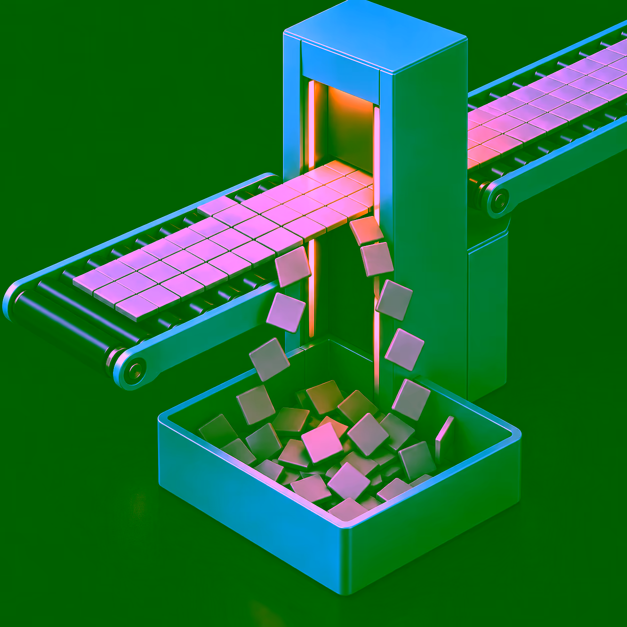 An isometric conveyor feeding a wide panel of grey tiles into a narrow upright slot, with roughly half the panel shearing off at the edges and dropping as loose tiles into a collection bin below