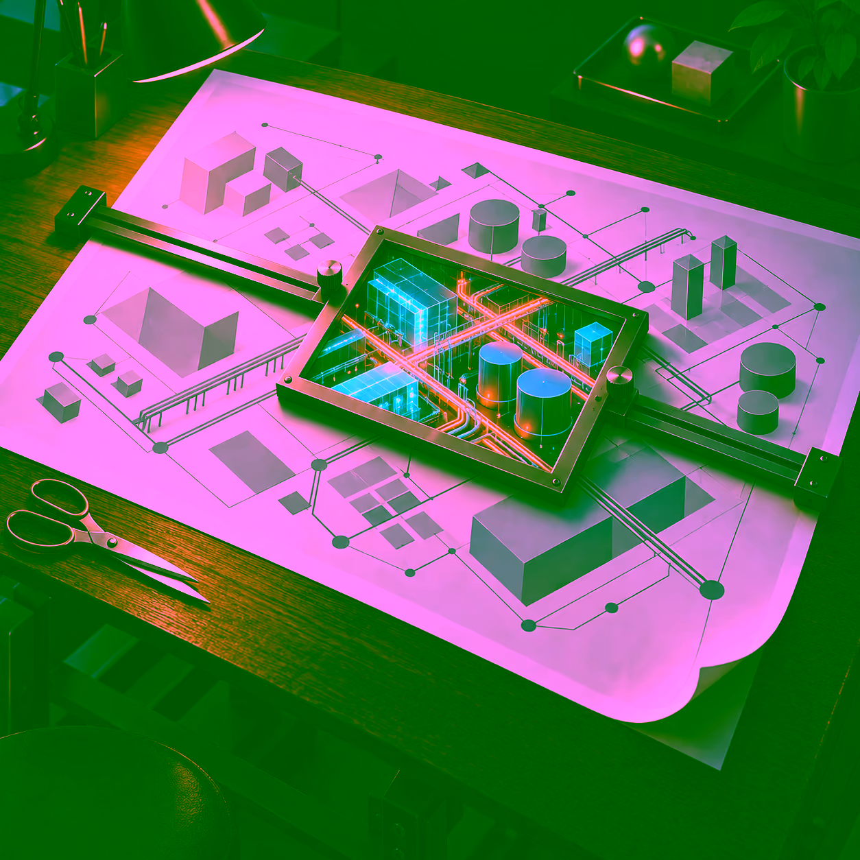 A metal viewfinder frame sliding on a runner rail across a large printed plan on a drafting bench, the area inside the frame glowing in colour while everything outside it stays flat and grey, with open scissors resting beside the rail