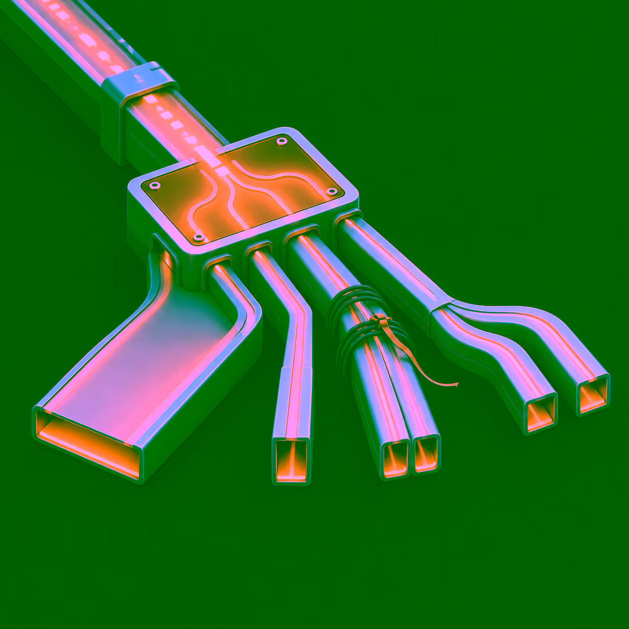An isometric junction plate splitting one incoming lit conduit into four outgoing conduits of different cross-sections: one wide and flat, one narrow, a doubled pair bound with a half-undone tie, and one that branches into two