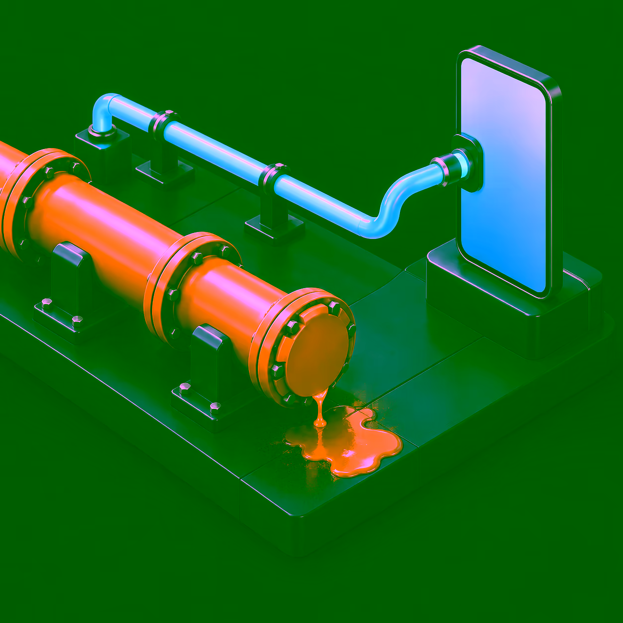 An isometric platform where a fat amber pipeline is capped off and leaking a pool of spent material across a seam, while a slim blue pipeline runs clean into a blank phone-shaped terminal