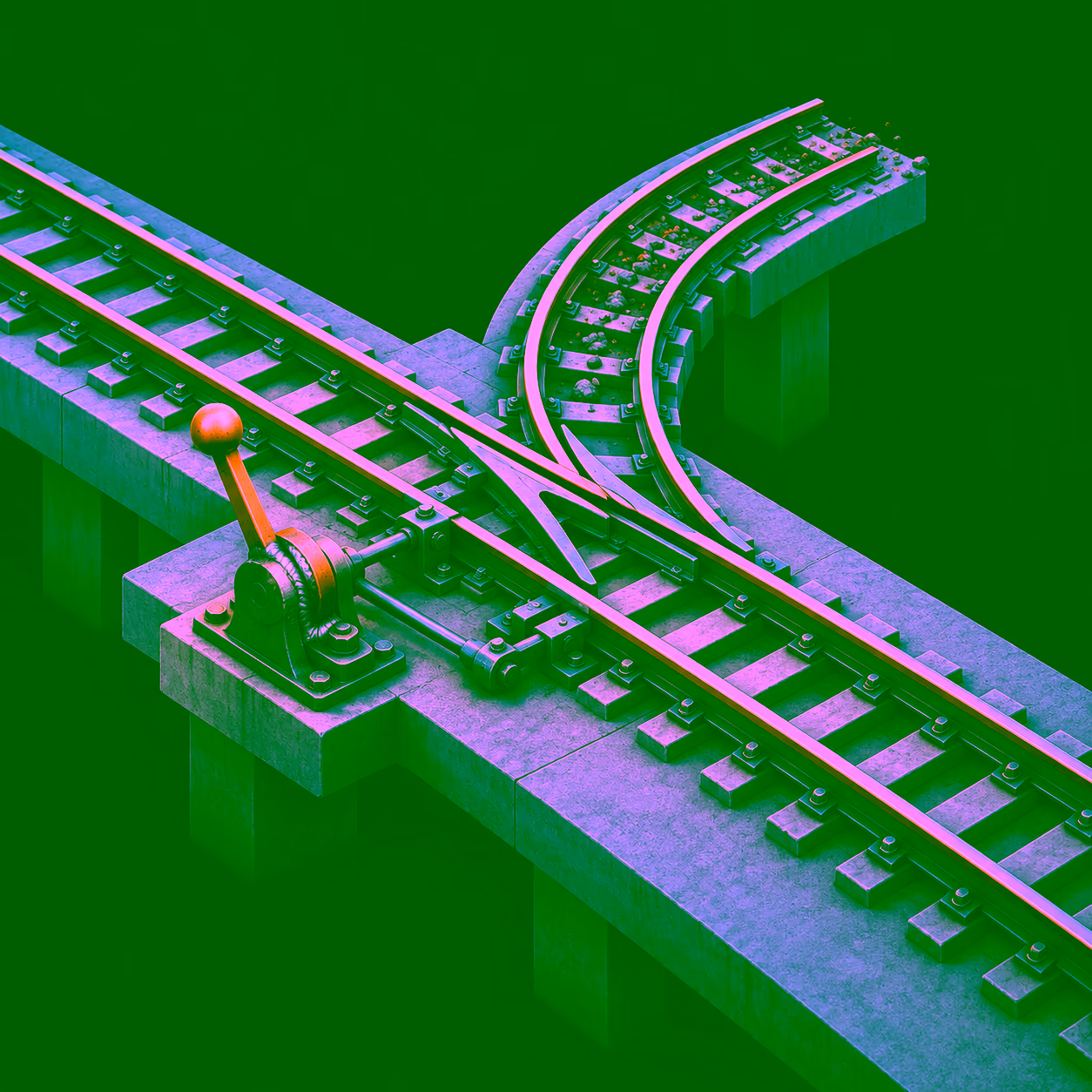 An isometric railway points mechanism whose lever sits fixed in one position, the second branch of track curving away over empty air with grit collected in its unused rail groove