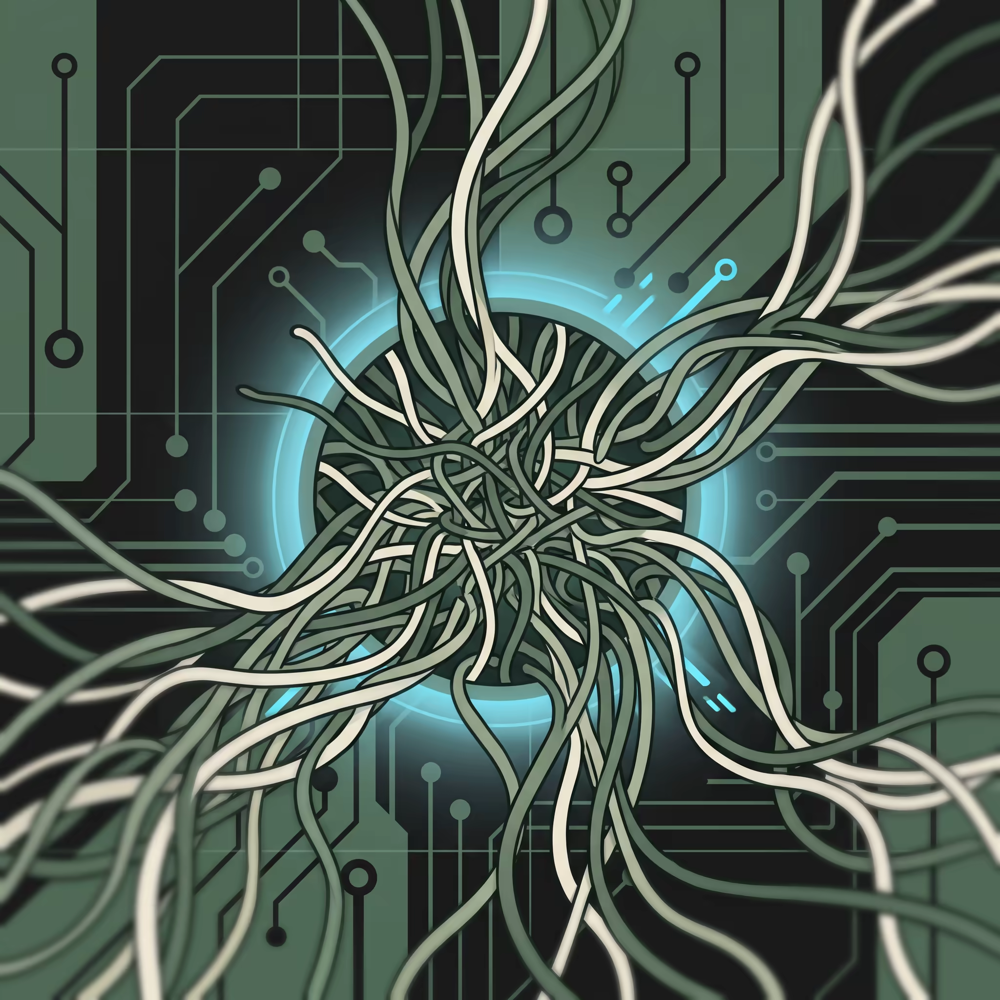 A dense tangle of pale root-like tendrils jamming together as they all try to pass through one small glowing opening in a circuit-etched wall at once