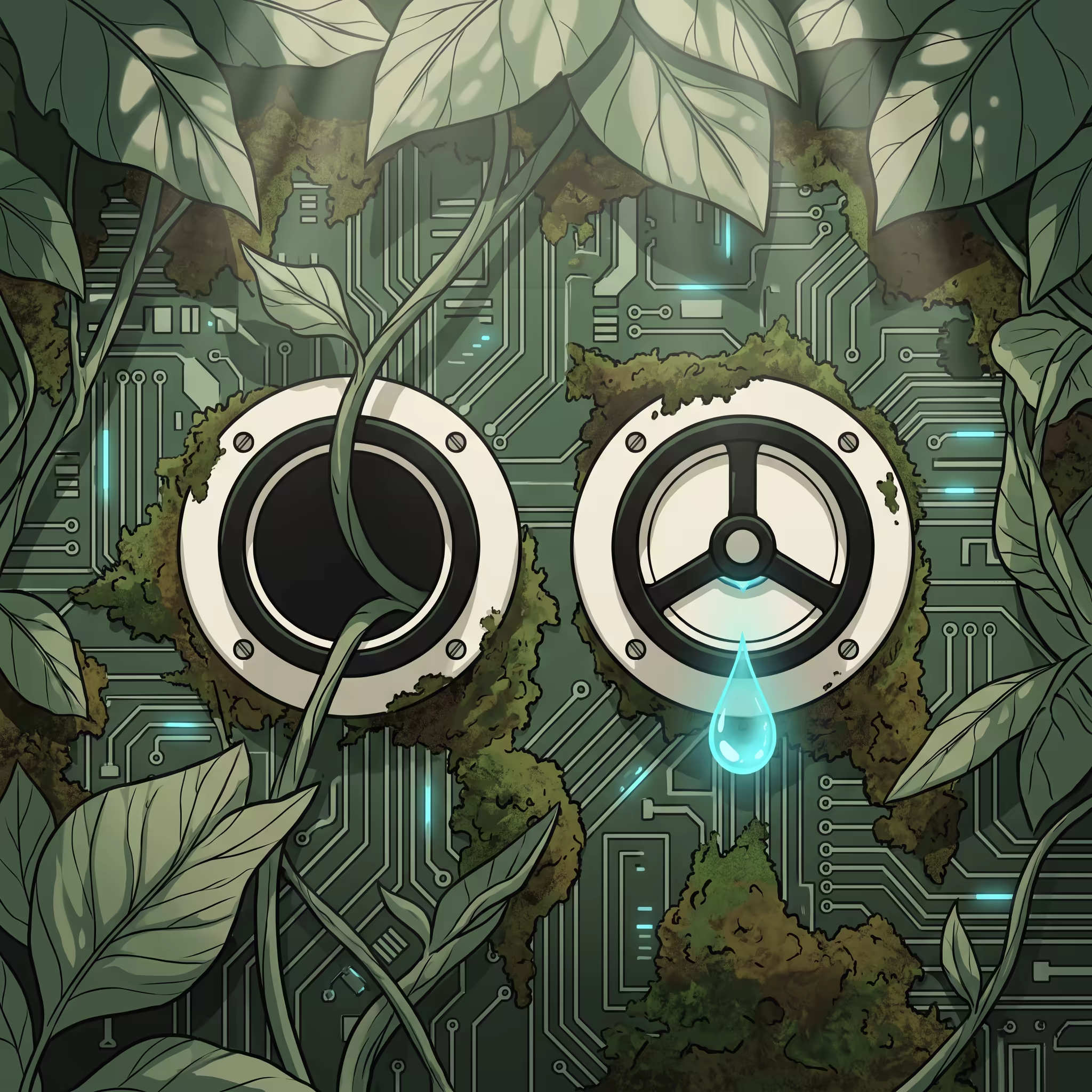 Two identical circular valves on a moss-covered circuit wall, the left held open by a single vine passed all the way through it, the right releasing one glowing cyan droplet mid-pulse before closing