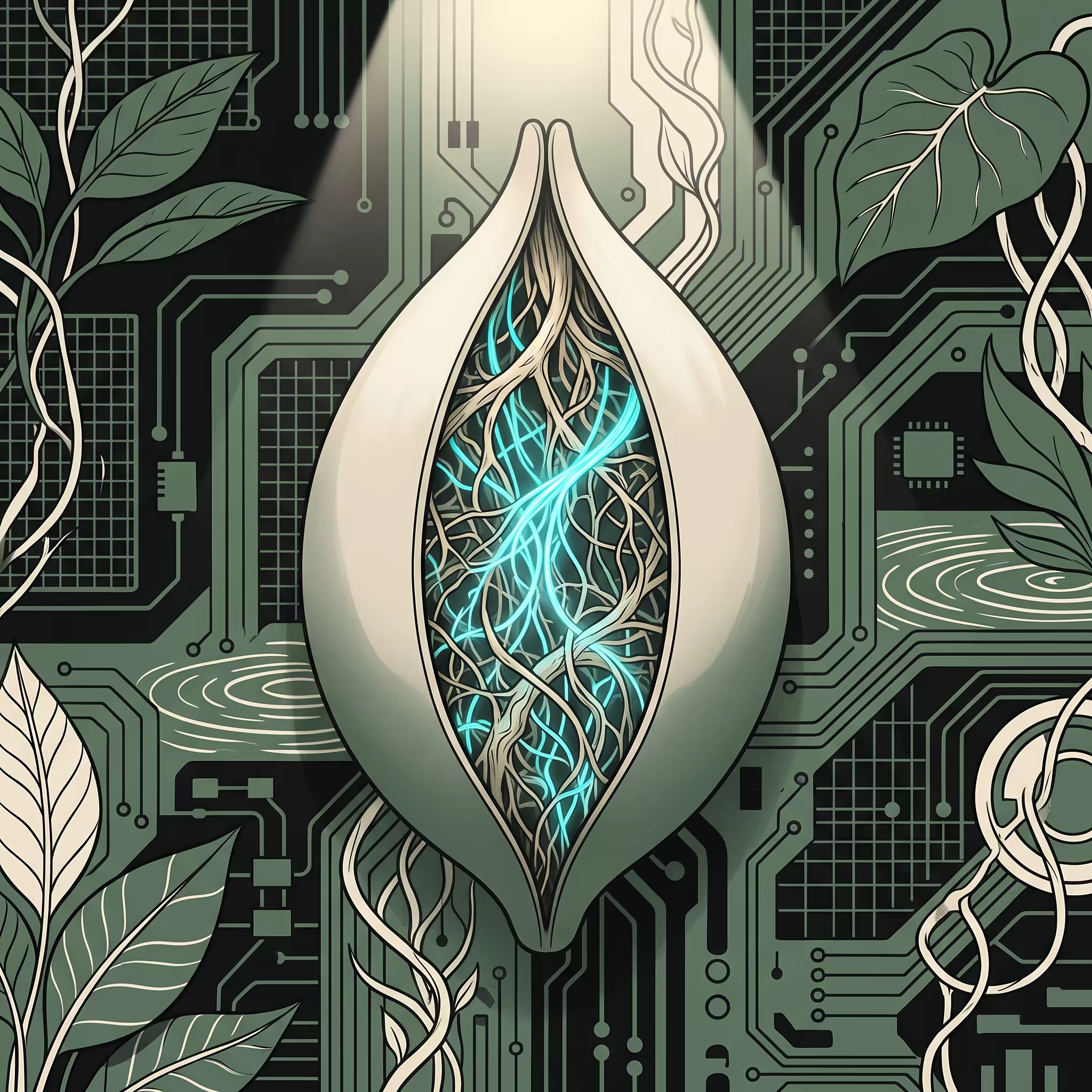 A smooth white seed-pod split open along its seam, revealing a tangle of root fibers and glowing cyan filaments inside instead of the expected mechanical parts