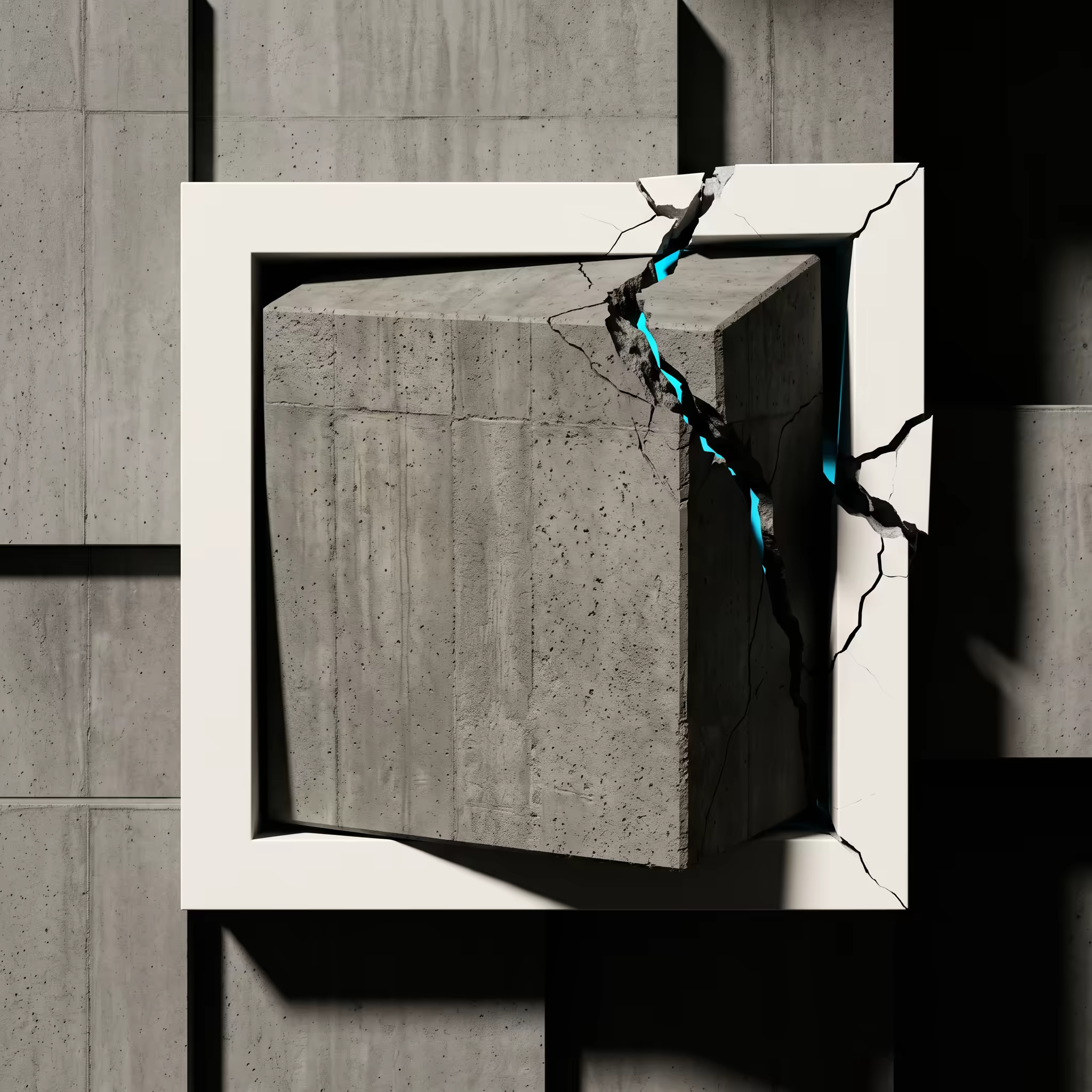 A concrete block outgrows a bone-white picture frame, cracking through one corner with cyan light glowing through the fracture