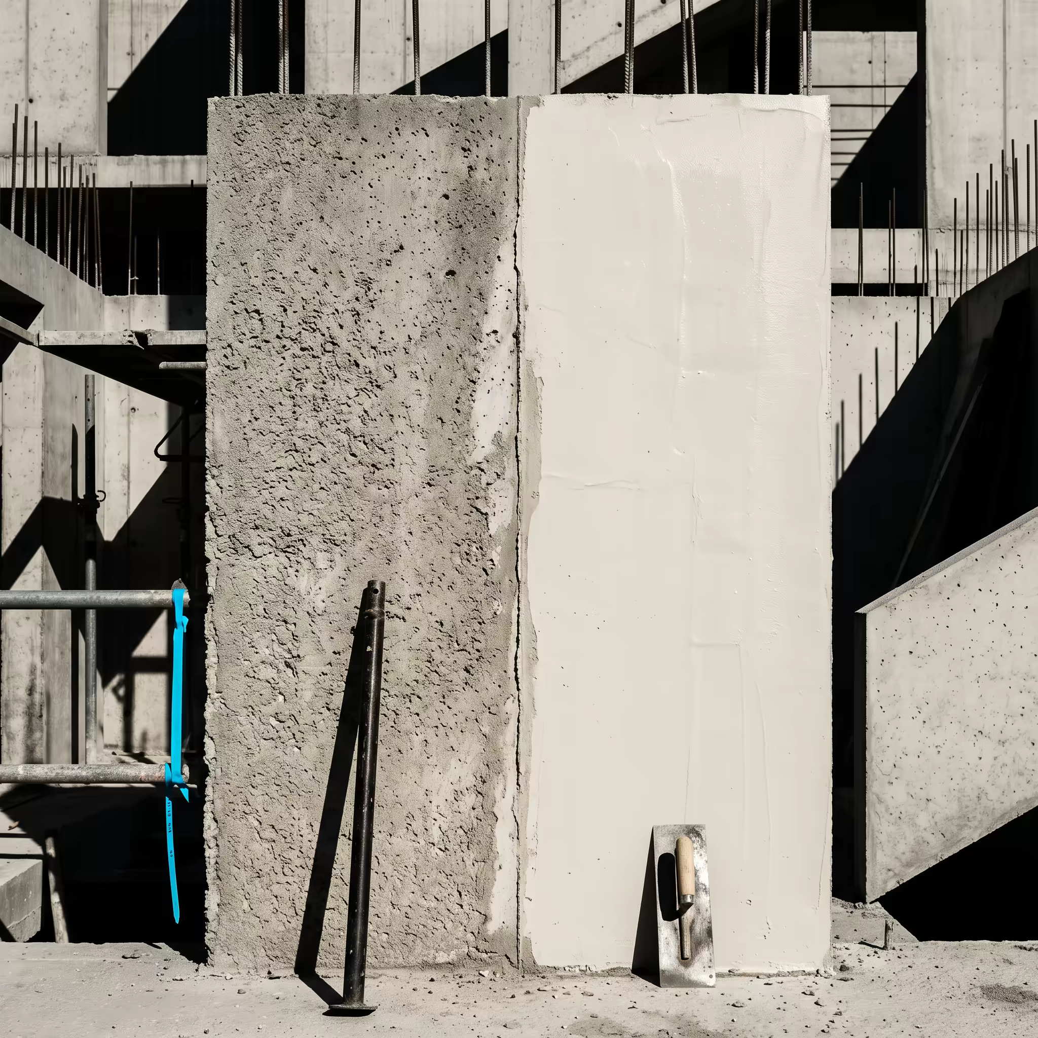 A raw, unfinished concrete panel stands beside an identical panel freshly smoothed to a clean white finish, a trowel resting against its base