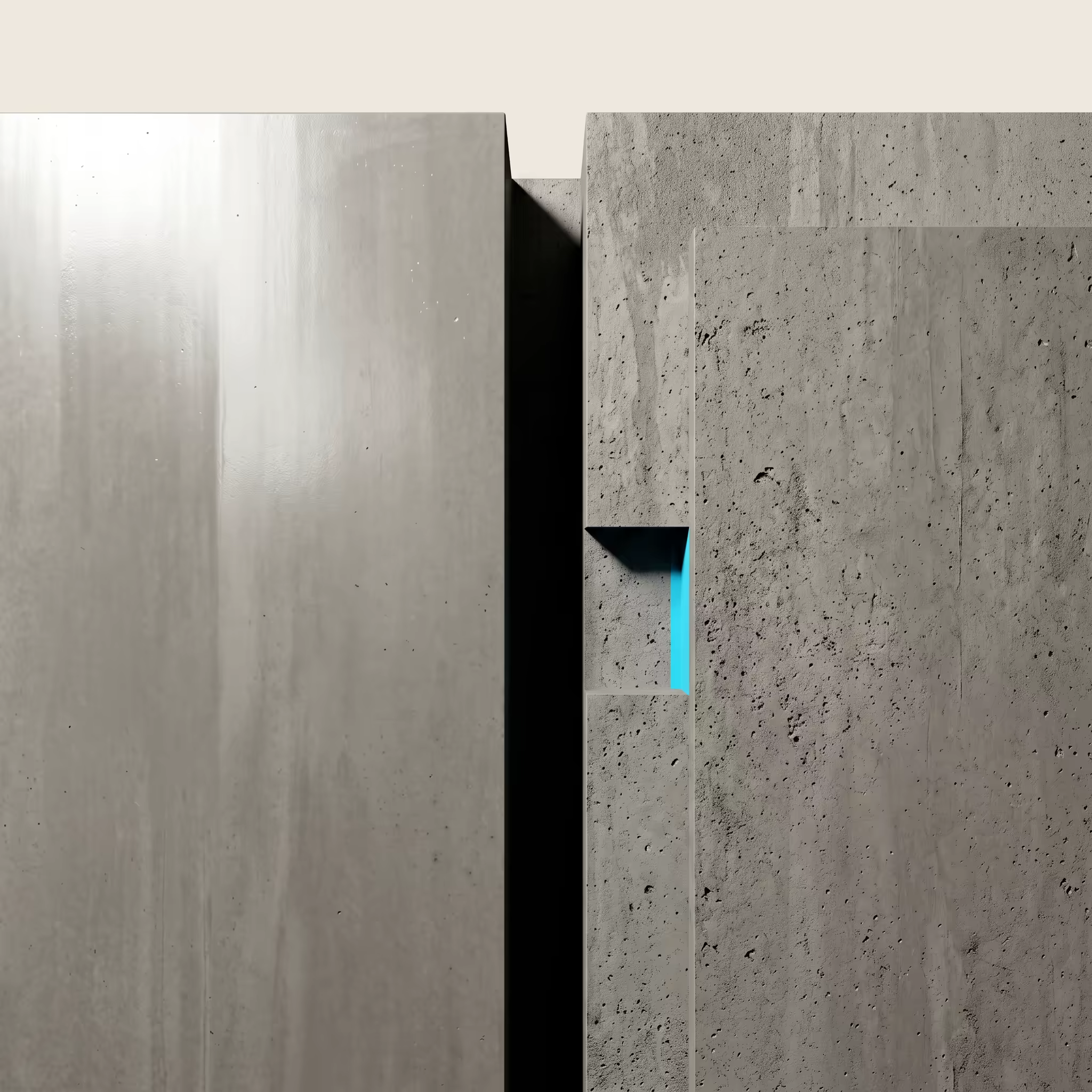 Two concrete panels stand side by side under matching light, one polished to a reflective sheen and the other left rough and raw
