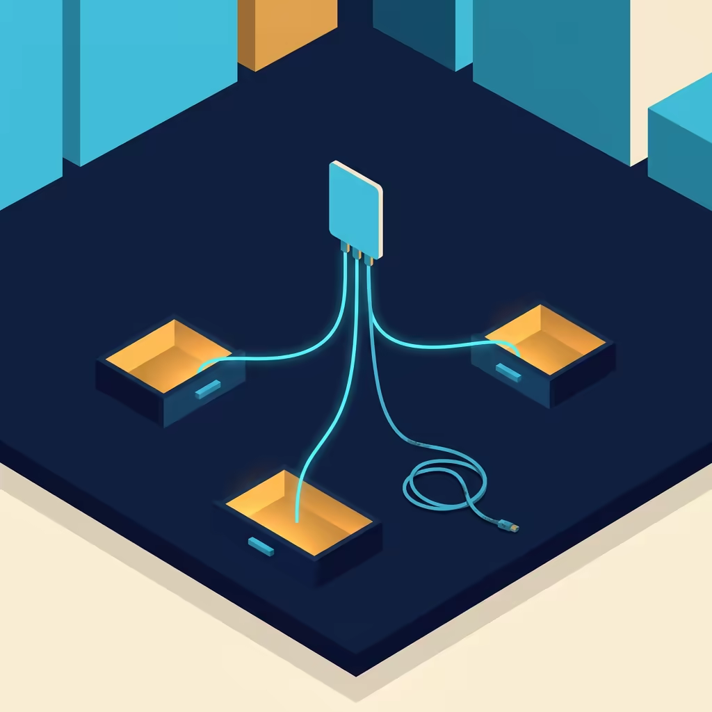 An isometric illustration of a single pale card floating above a dark floor, tethered by three glowing cyan cables that run down into three separate amber-lit drawers set flush into the floor, with a fourth cable lying unplugged and coiled beside them