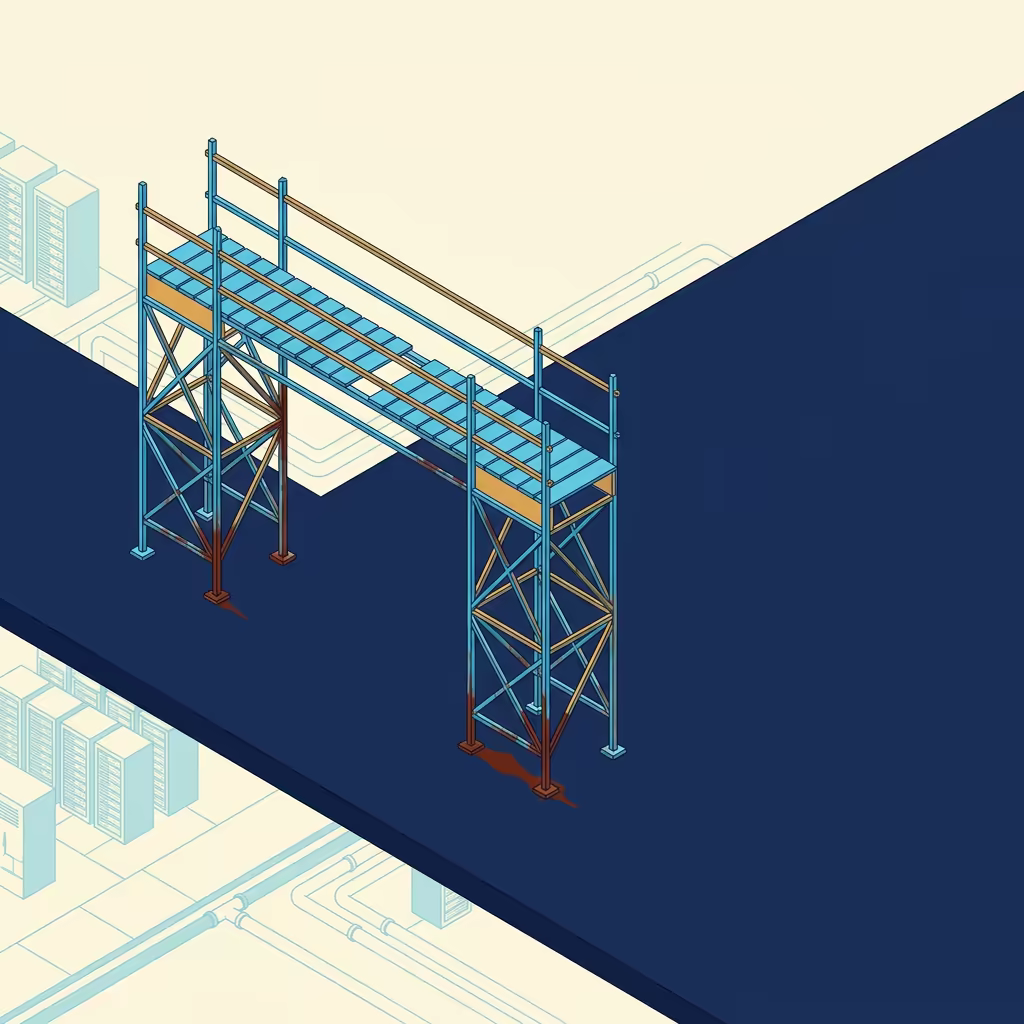 An isometric illustration of a disused blue scaffolding footbridge with rust streaks down two of its legs and a plank missing from the walkway deck, standing over a flat navy band with faded server racks drawn in outline on the cream ground behind it