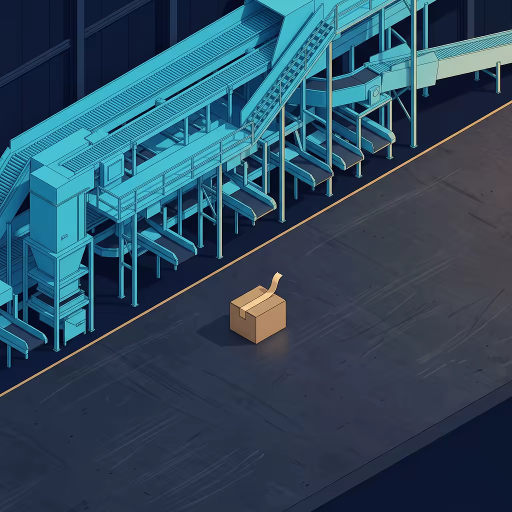 An isometric illustration of one small cardboard box with a curled strip of packing tape sitting alone on a scuffed dark loading dock floor, beside a large unlit cyan conveyor and sorting machine switched off and still