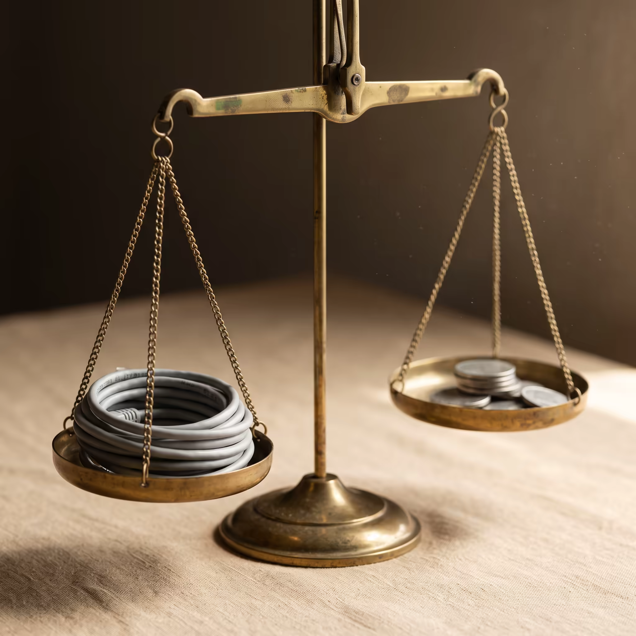 A tarnished brass balance scale standing on beige linen, one pan holding a coiled grey ethernet cable and the other a small stack of metal discs, dust drifting through hard side light