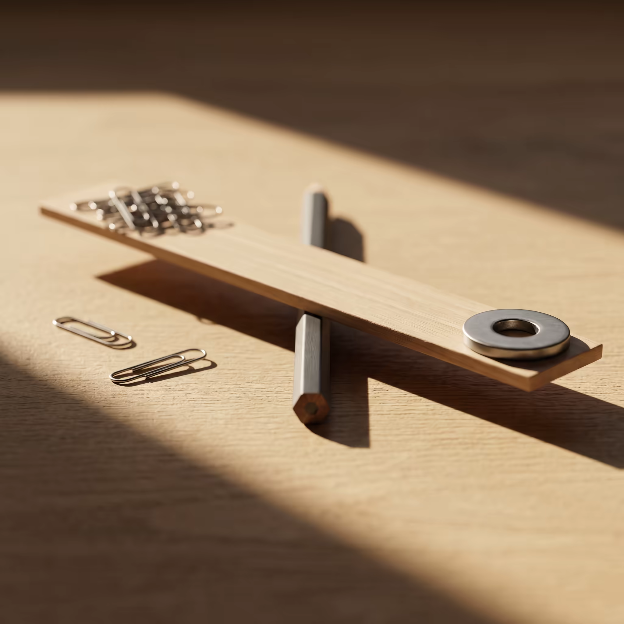 A wooden ruler balanced across a hexagonal pencil on a pale desk, a heap of paper clips weighing one end and a single steel washer the other, tipped just past level toward the washer