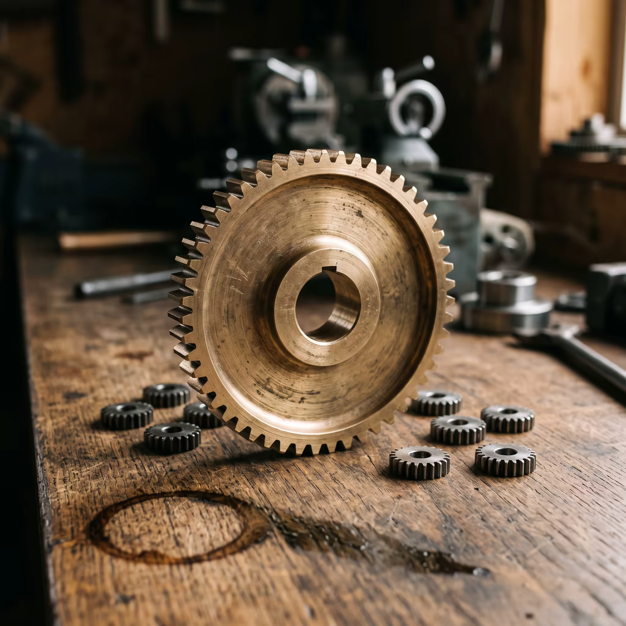 One large brass gear standing upright on a scuffed oak workbench, surrounded by eight much smaller steel gears lying flat, with a dark coffee ring and a smear of machine oil in the foreground