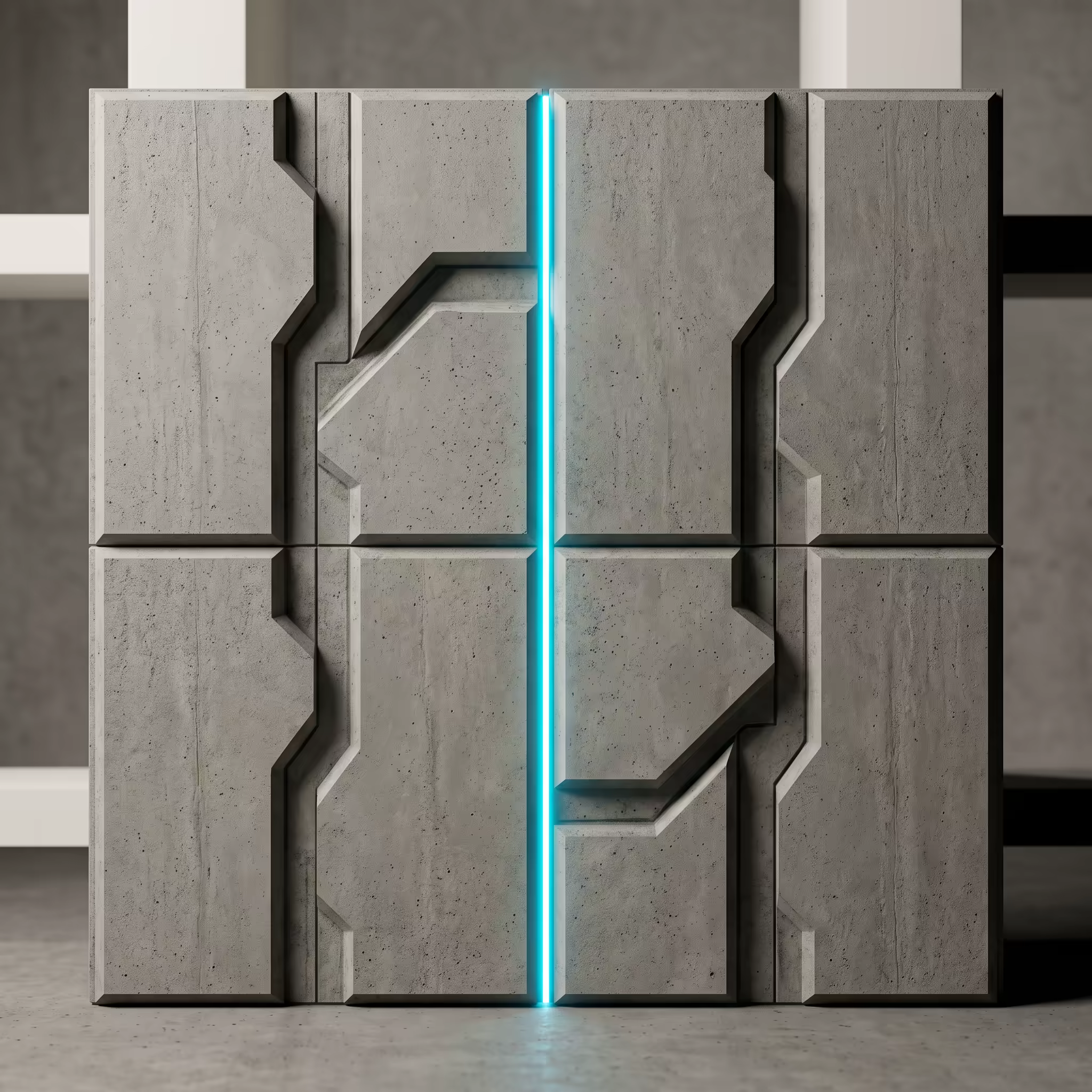 Four identical interlocking raw concrete panel modules form a single wall panel, split by one glowing cyan seam down the center