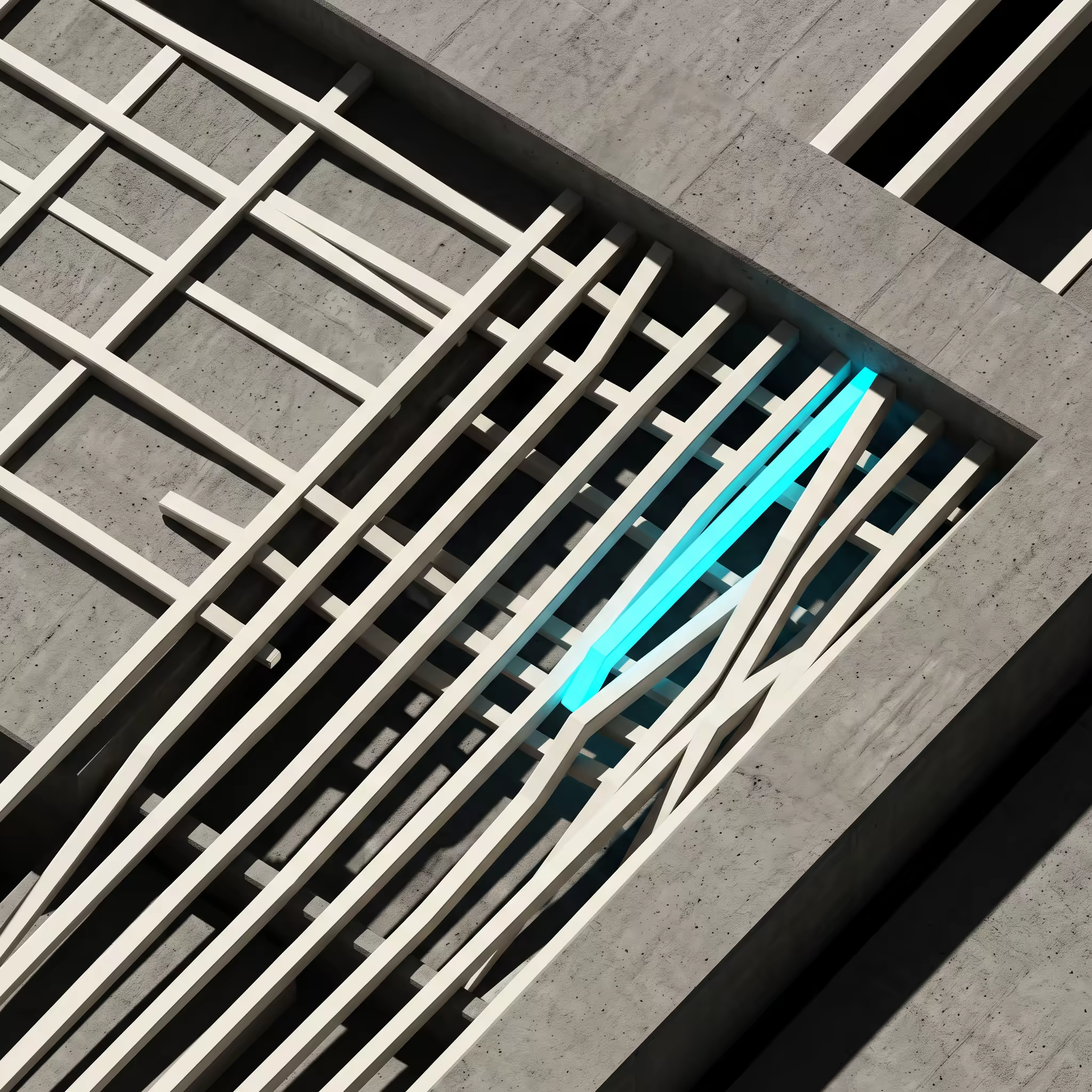 A dense grid of thin bone-white bars converges into a narrow concrete channel, with a single bar glowing cyan where it barely fits through