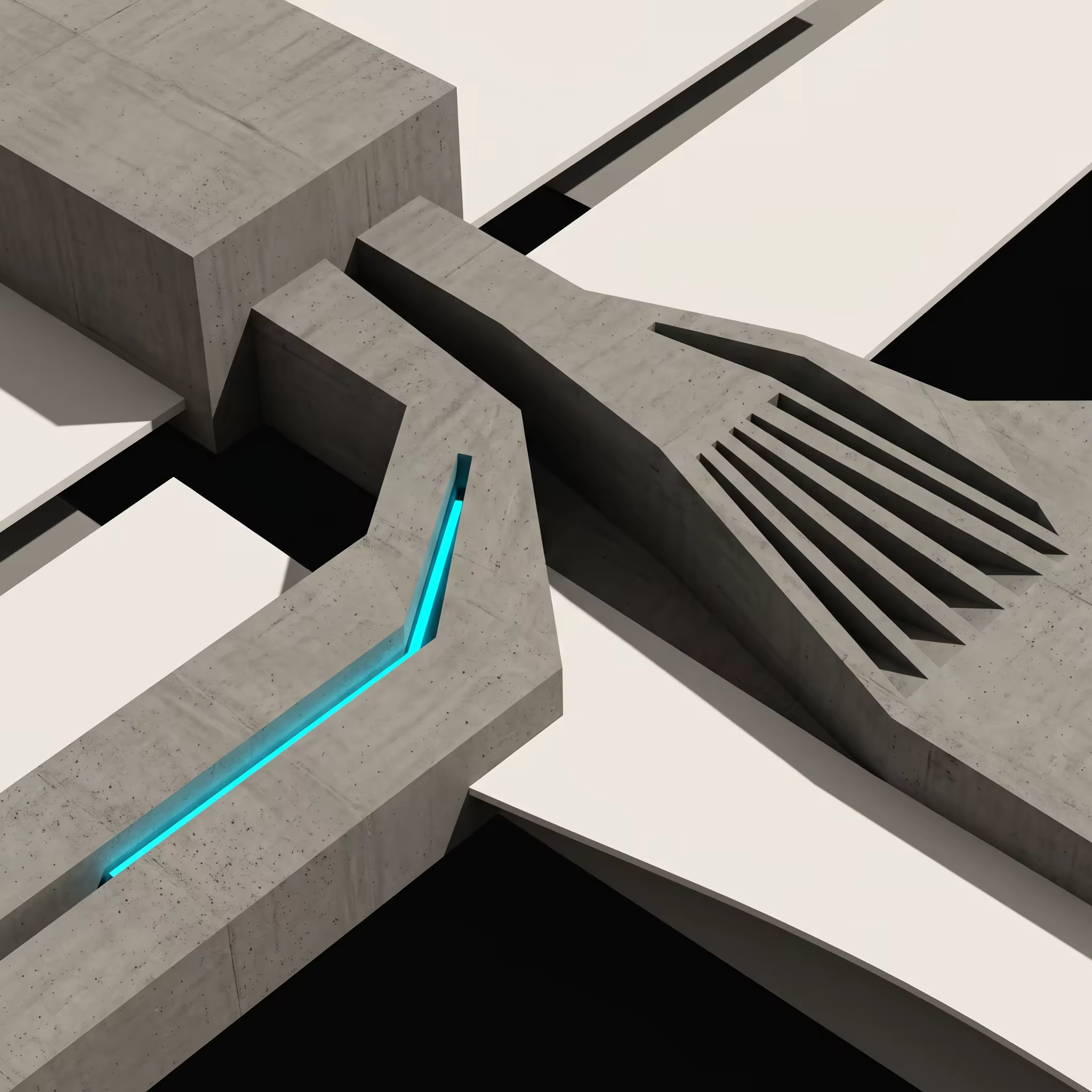 A concrete form splits into two paths: one fans into many identical ribbed slots, the other narrows to a single slot lit with cyan light