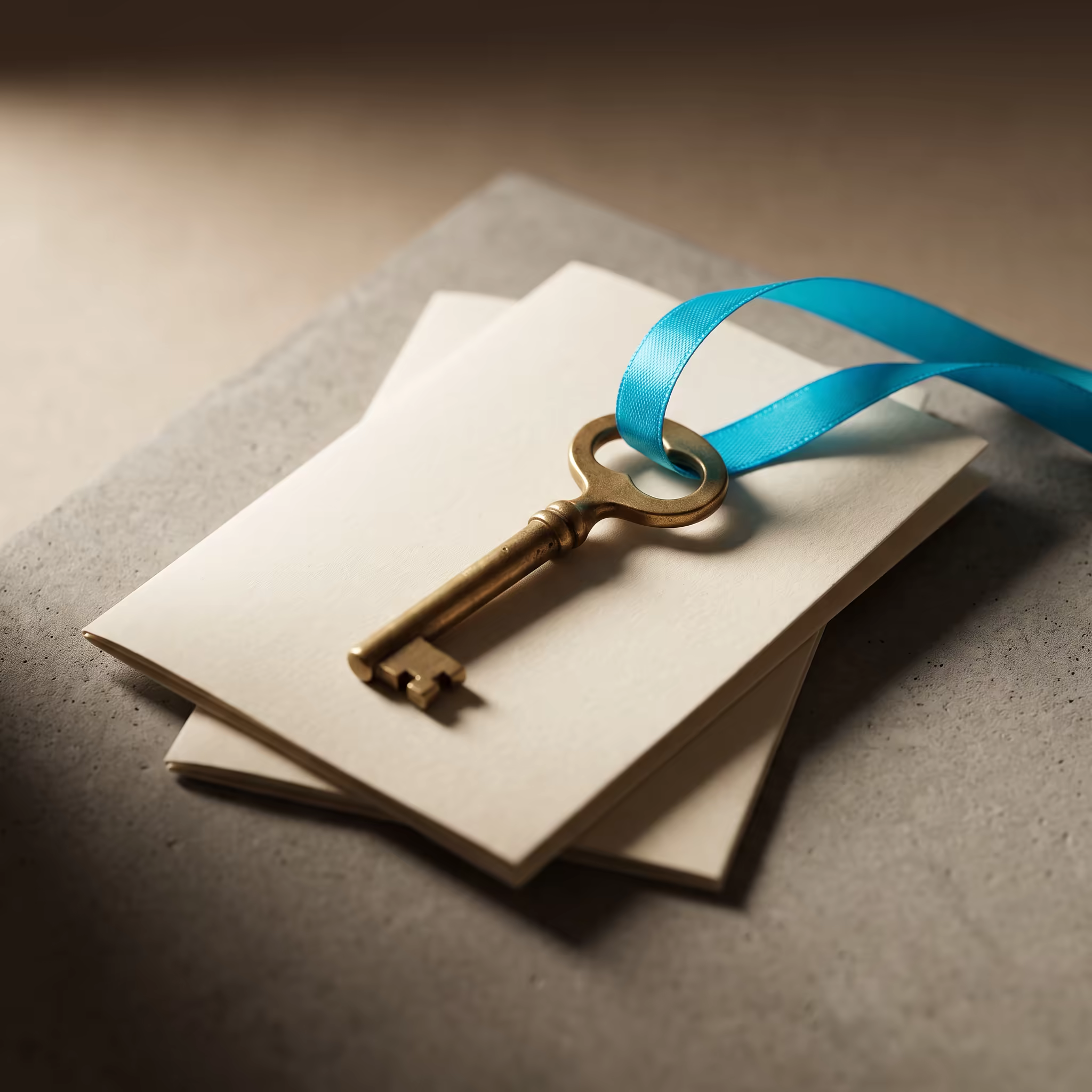 A weathered brass skeleton key resting on a small stack of folded cream cards, a single cyan ribbon looped around its bow