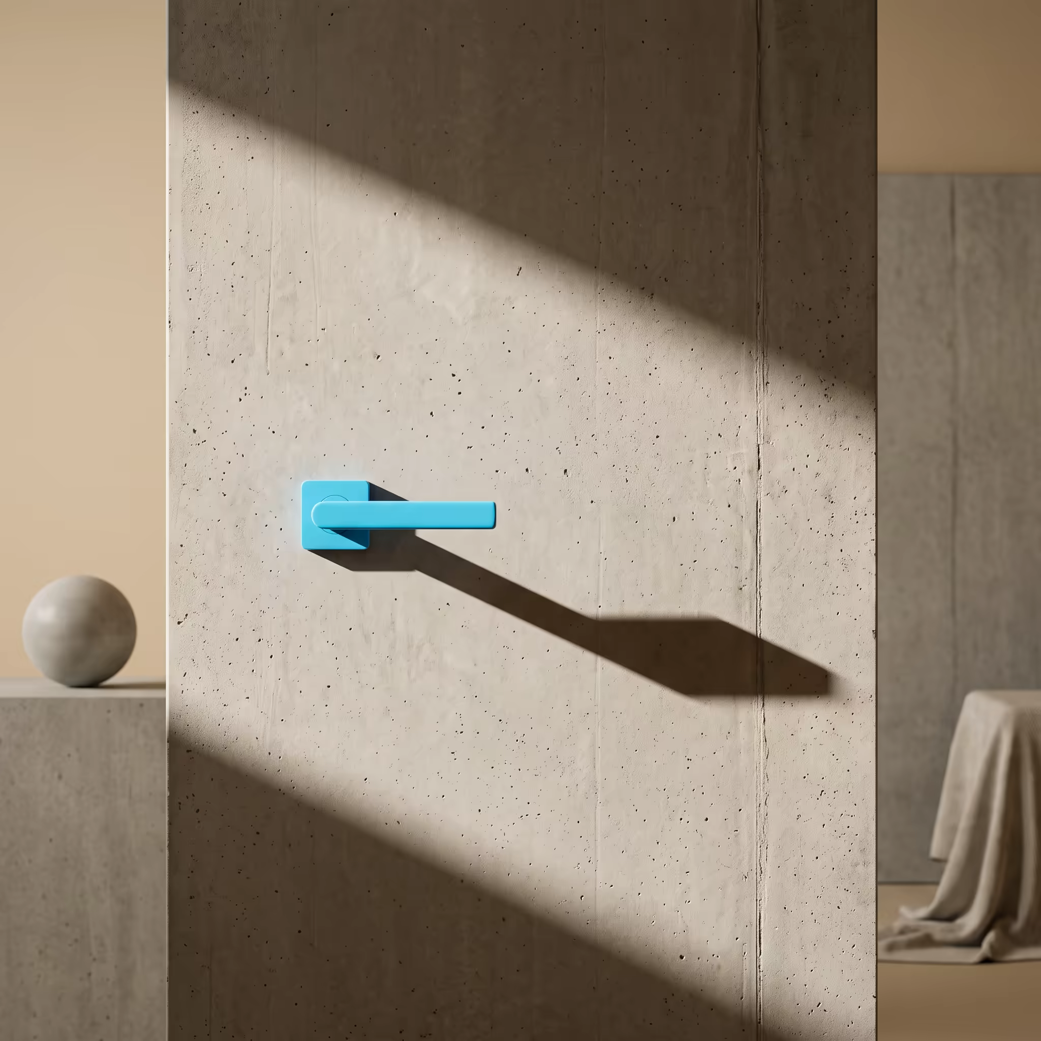 A single cyan door handle mounted flush on a bare concrete panel, casting a long diagonal shadow with no door or frame visible around it