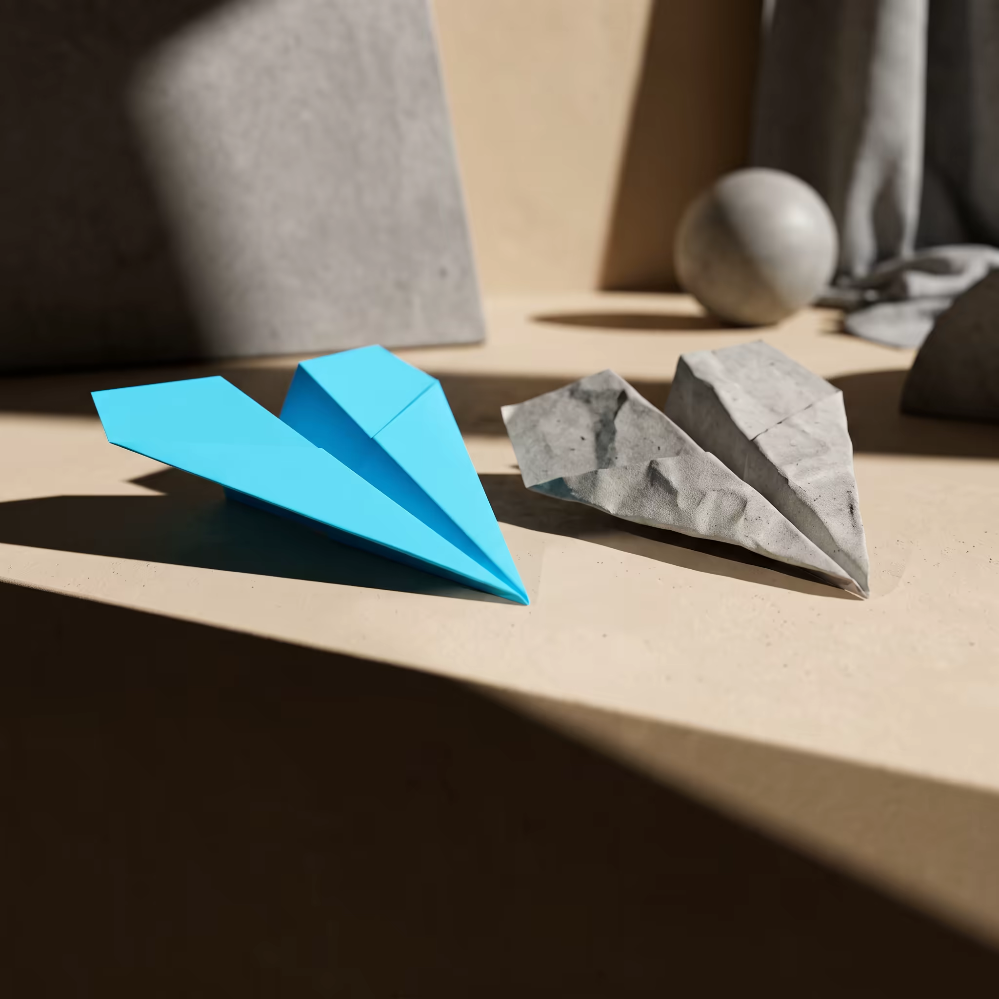 Two folded paper airplanes side by side on a sunlit beige surface, one smooth and bright cyan, the other rough-textured and cast in grey concrete