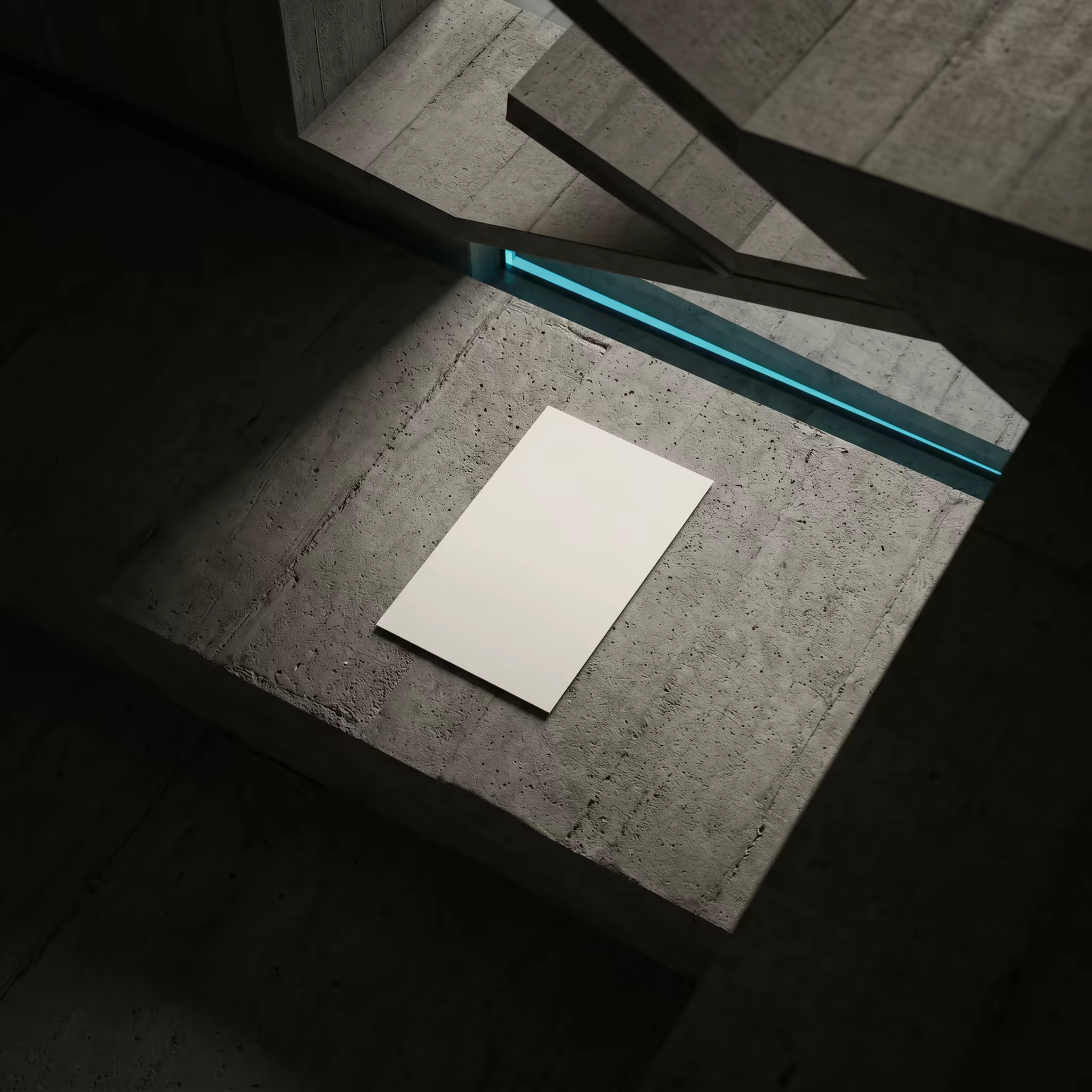 A single bone-white card face-down on a raw concrete platform inside a brutalist architectural space, with a glowing cyan neon strip above, implying the actual content described by the card is absent and must be retrieved separately