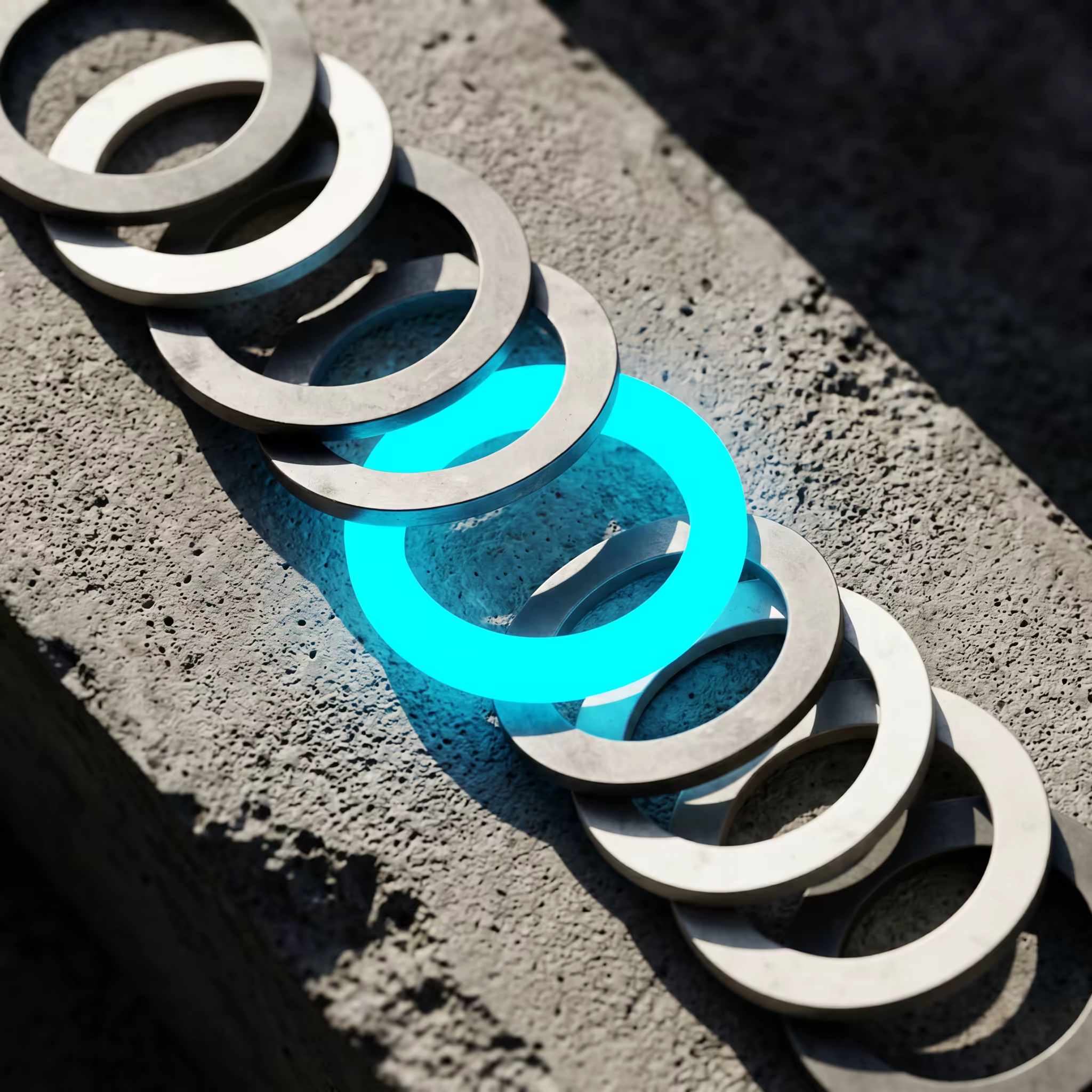 A chain of overlapping concrete and bone-white rings laid diagonally on a raw concrete surface, with the central ring glowing electric cyan as the focal point