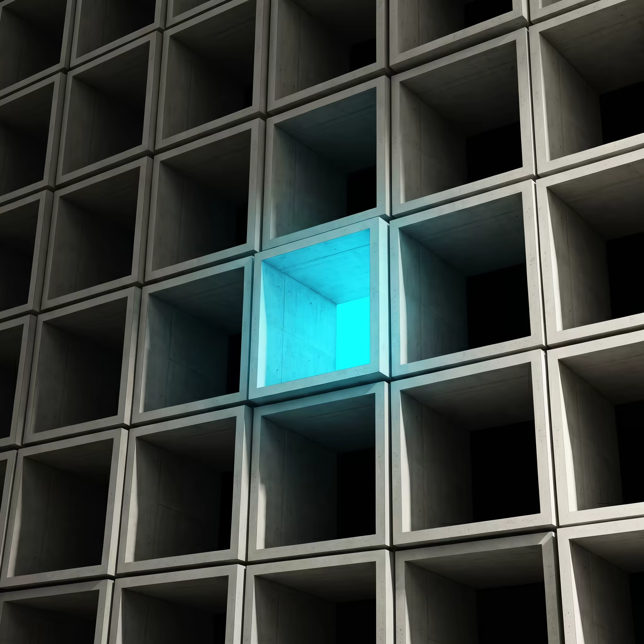 A grid of square concrete pigeonhole compartments filling the frame, all dark grey except one central slot glowing distinctly electric cyan, standing apart as the routed destination