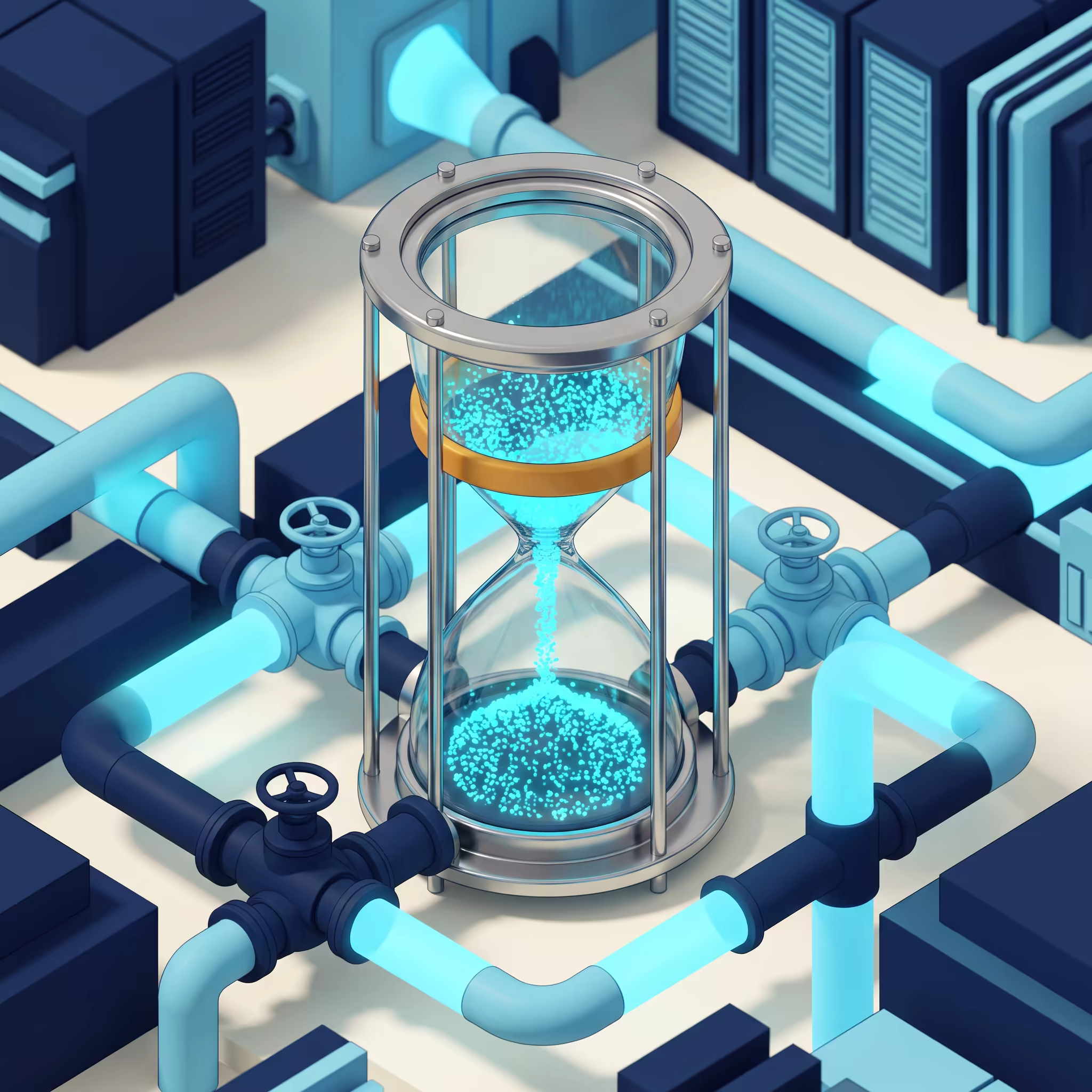 A glowing isometric hourglass valve with cyan data particles falling and a bright amber marker ring frozen partway down the glass, representing one fixed, recoverable point in time