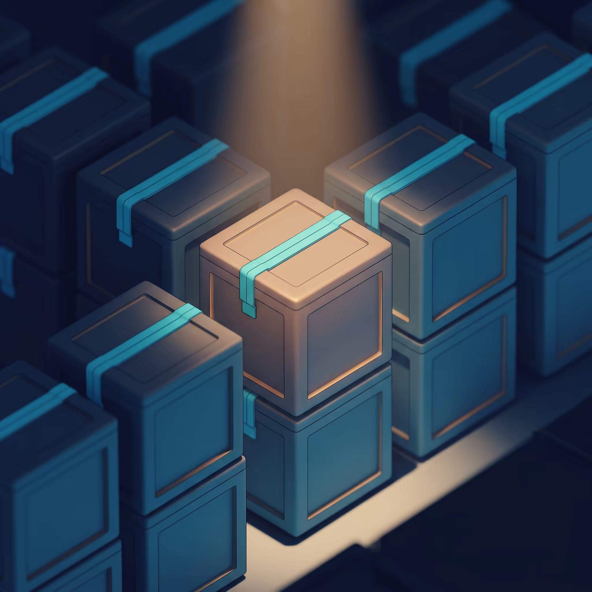 A single amber-lit storage crate spotlighted among rows of identical dim, dusty, sealed cyan crates stacked in a warehouse corridor