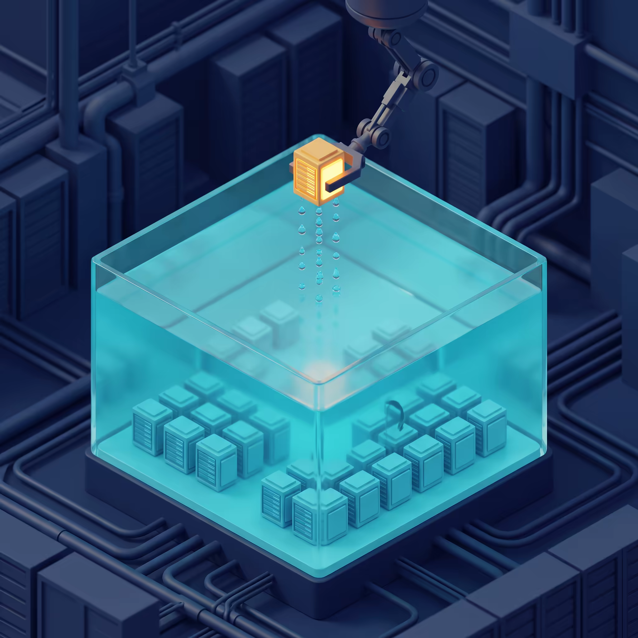 A mechanical arm lifting one glowing amber data pod out of a transparent tank full of identical cyan data pods submerged in fluid, water droplets falling