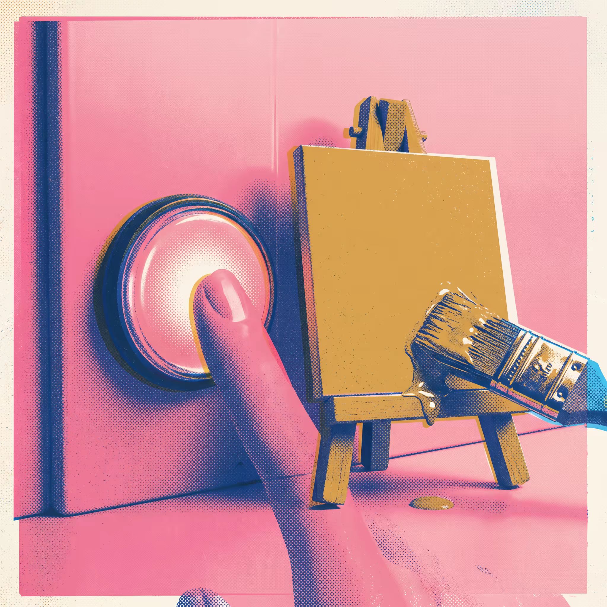 A glowing doorbell button mid-press beside a paintbrush still wet with paint on a half-finished canvas, in a pink and blue risograph-print style