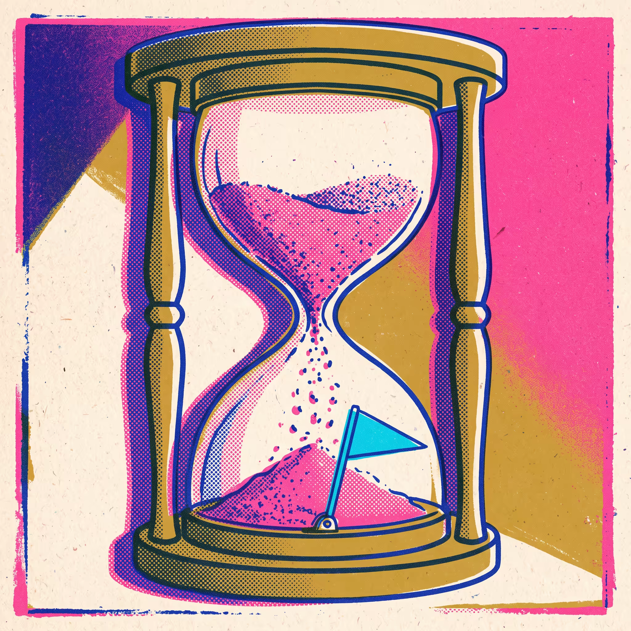 An hourglass with pink sand falling and a bright cyan flag popping upright at the base exactly as the last grains land, risograph-print style