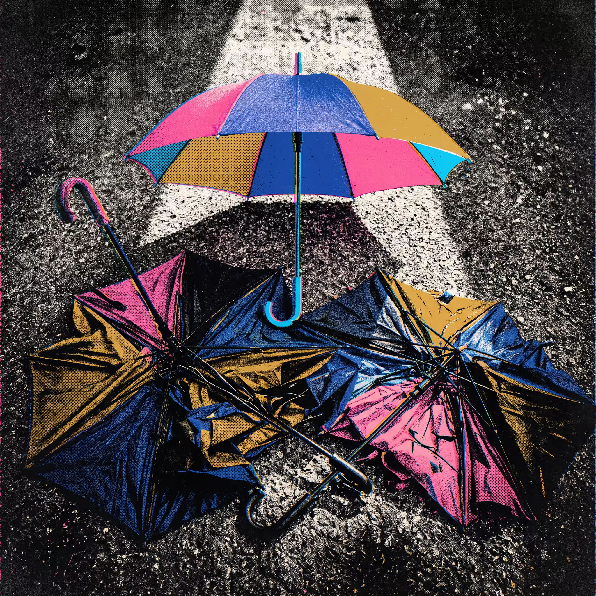 One neatly opened umbrella standing upright beside a tangle of three collapsed, overlapping broken umbrellas on wet pavement, risograph-print style