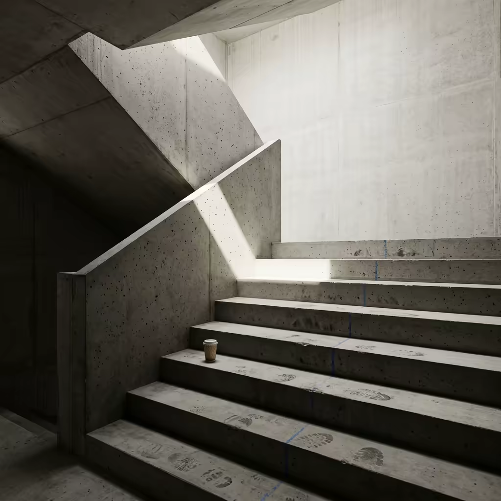 Raw concrete stair flight rising toward a blank unbroken wall, with boot scuffs and a snapped blue chalk line across the treads and a paper coffee cup left standing on one step