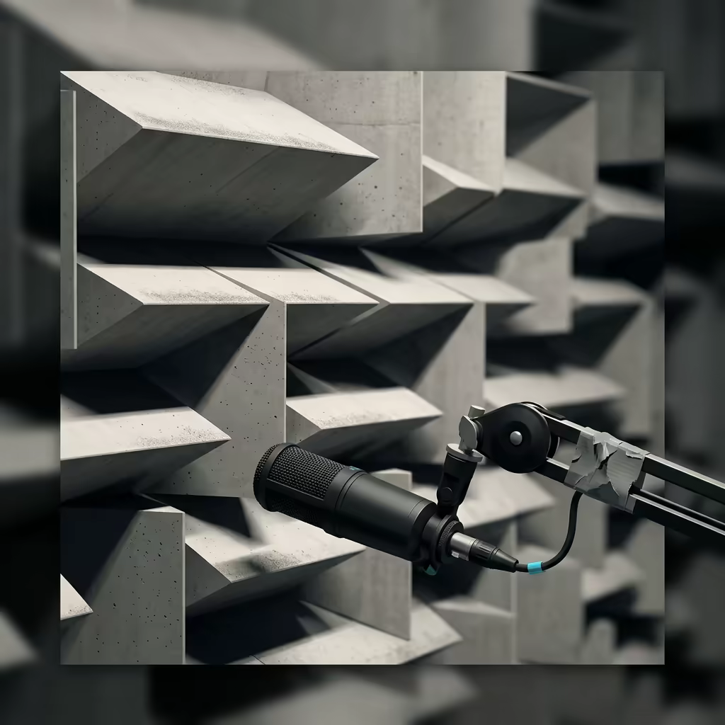 Studio microphone on a gaffer-taped boom arm aimed point-blank at a wall of sawtooth concrete acoustic wedges, so everything it hears returns straight back to it