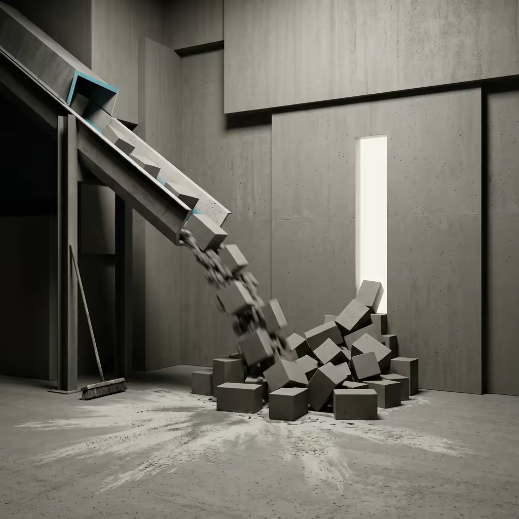 Steel chute discharging identical grey concrete blocks into a heap piling against a narrow slot of daylight far too small for them, with spilled cement dust and a worn broom leaning nearby