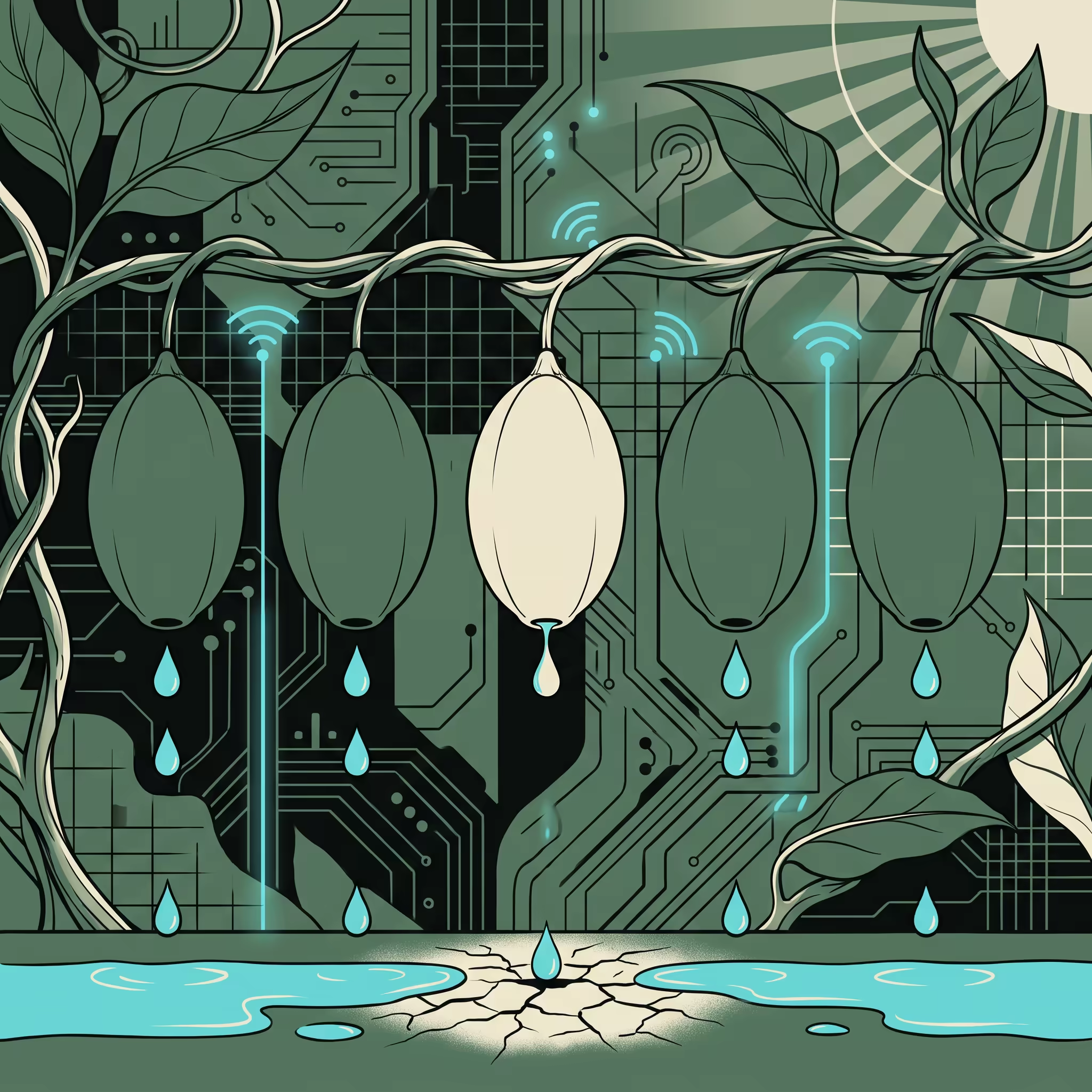 Five identical seed pods hanging from one vine, each releasing a single cyan droplet — the outer pods drip onto ground that already has standing water while the center pod's droplet lands on dry, cracked earth