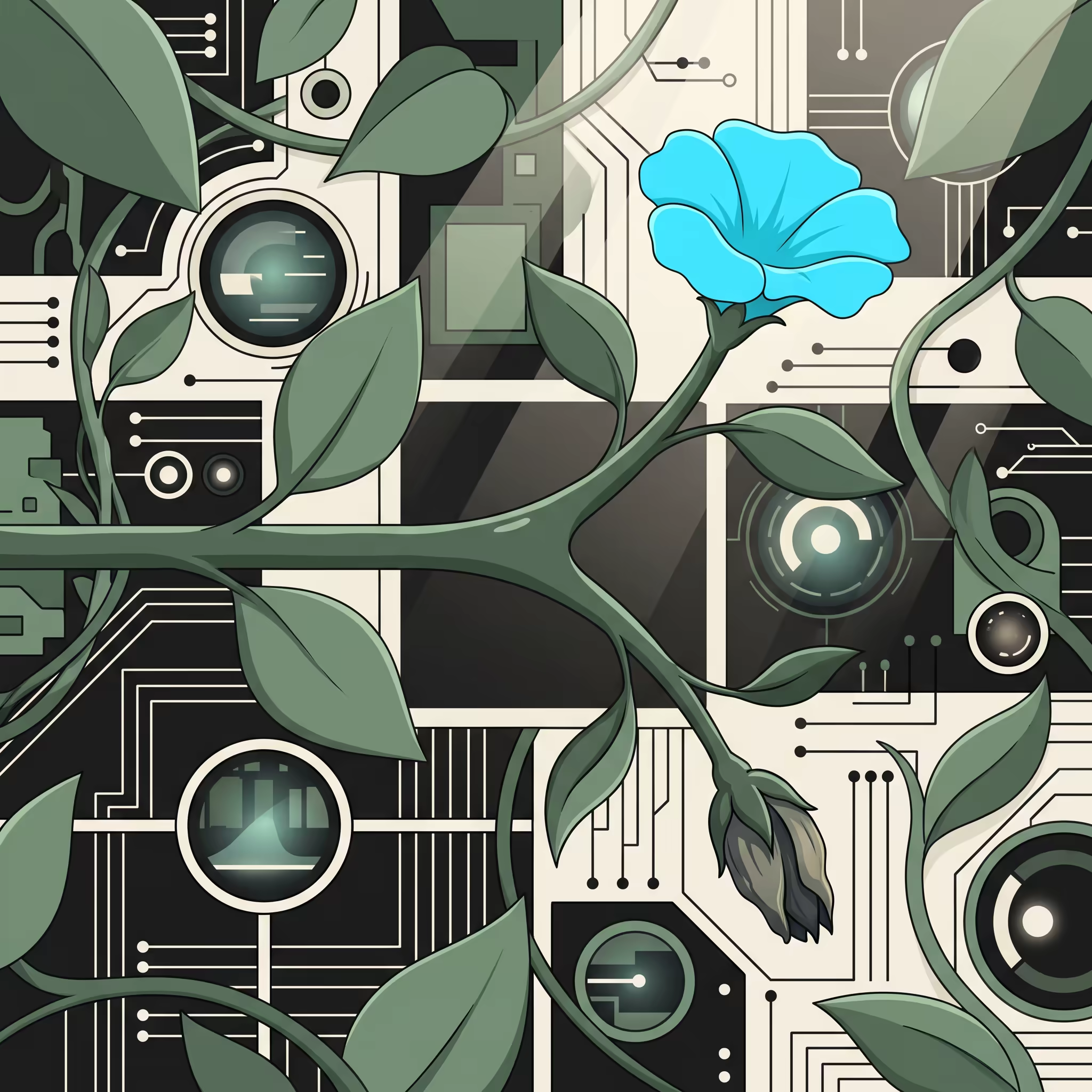 A single vine forking into two branches, one continuing on to a fully bloomed cyan flower and the other ending abruptly in a withered brown bud