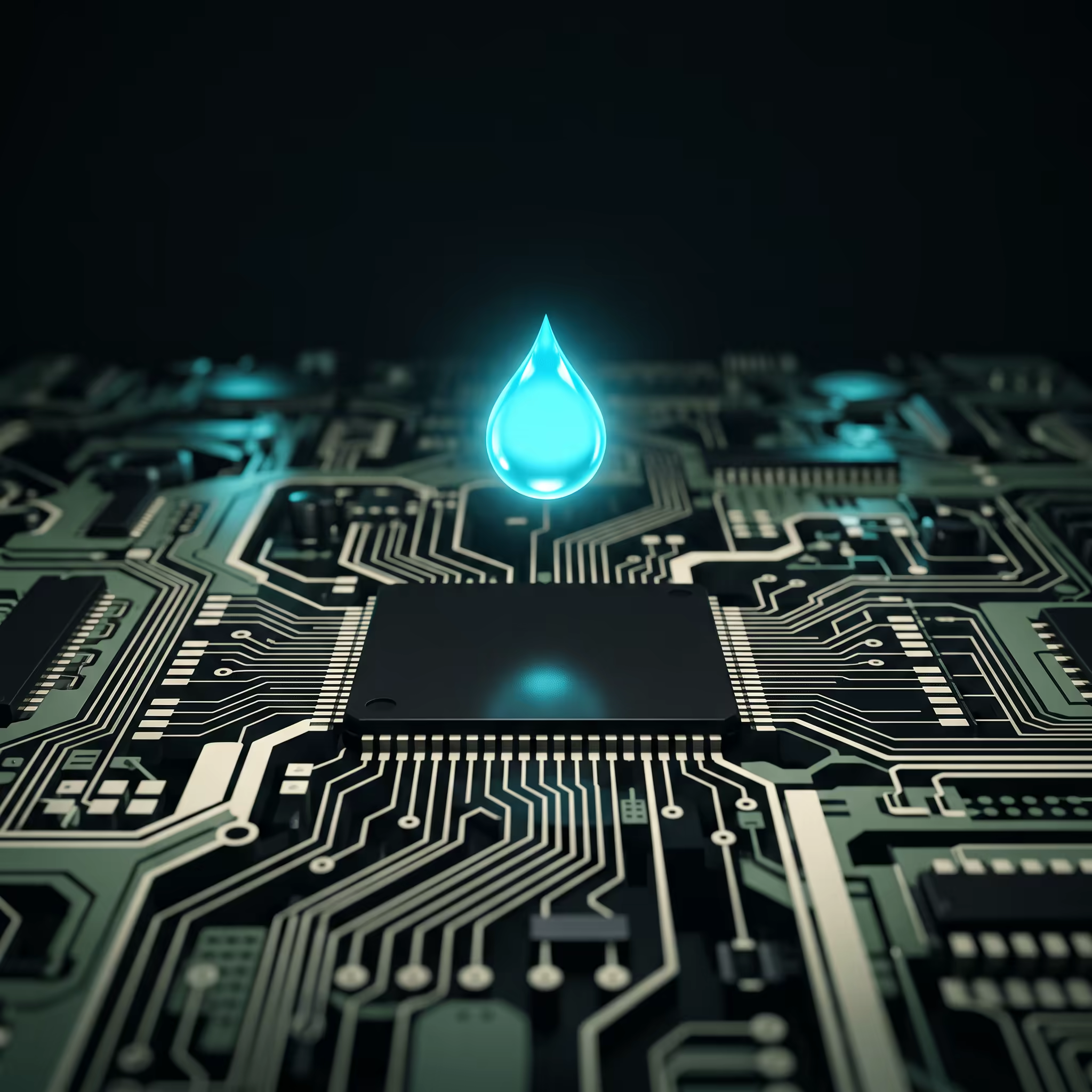 A glowing cyan water droplet suspended above a bare circuit board with no vine or plant growing on it