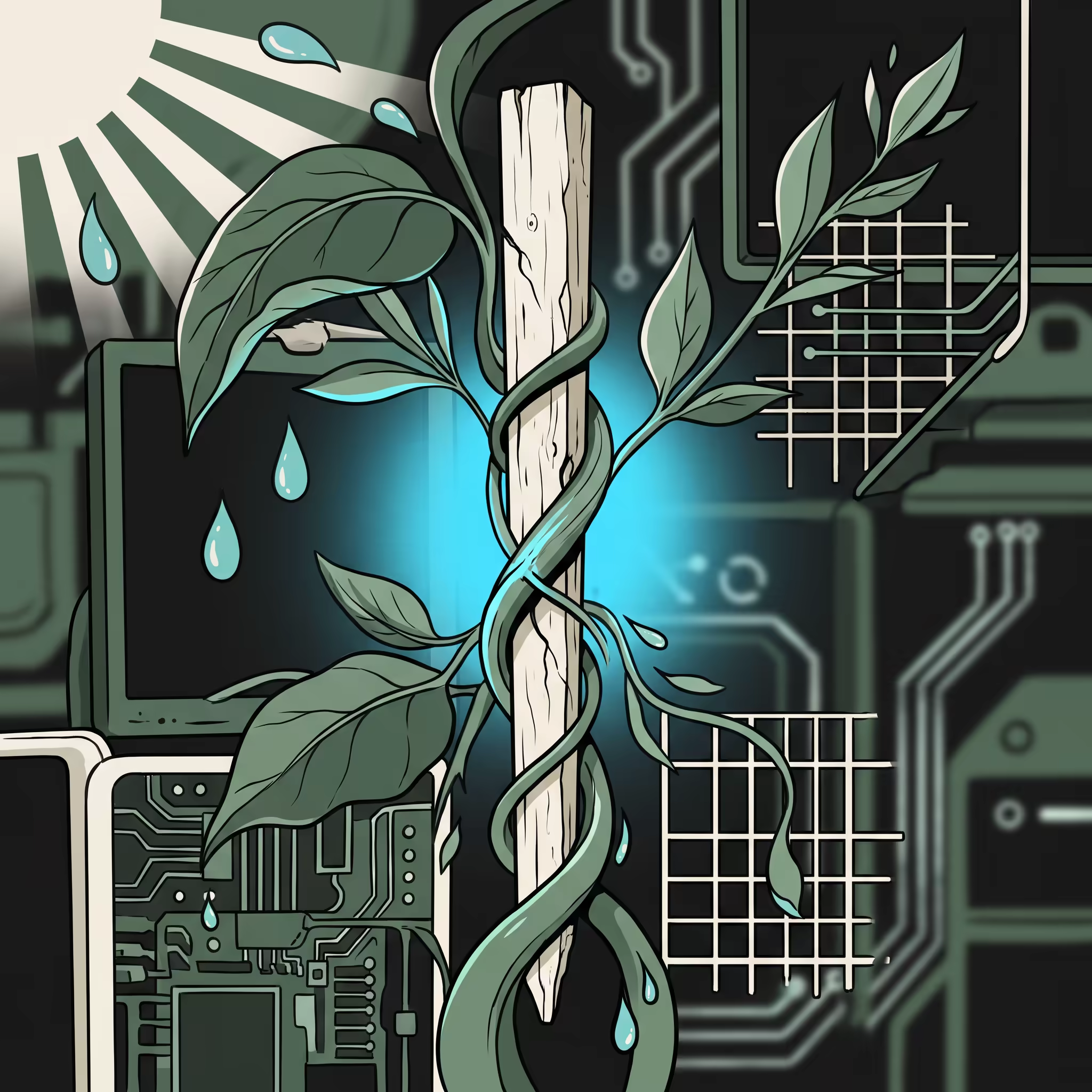 Two vines from different plants tightly entwined around a single strained, cracked wooden trellis stake, illustrated in a botanical-tech style against a dark circuit-board backdrop