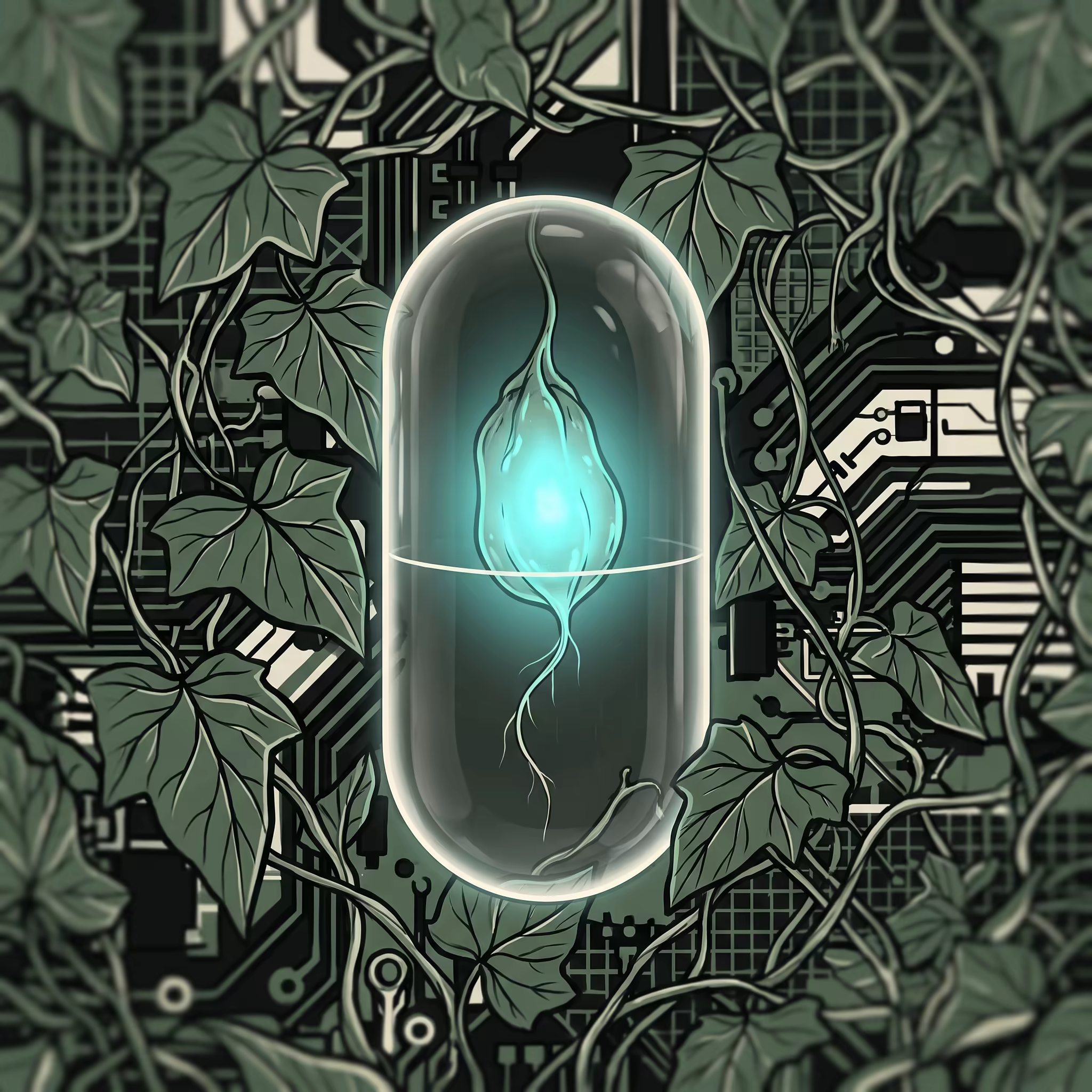A glowing seed pod isolated inside a clear glass capsule at the center of a dense wall of tangled, chaotic ivy, botanical-tech illustration