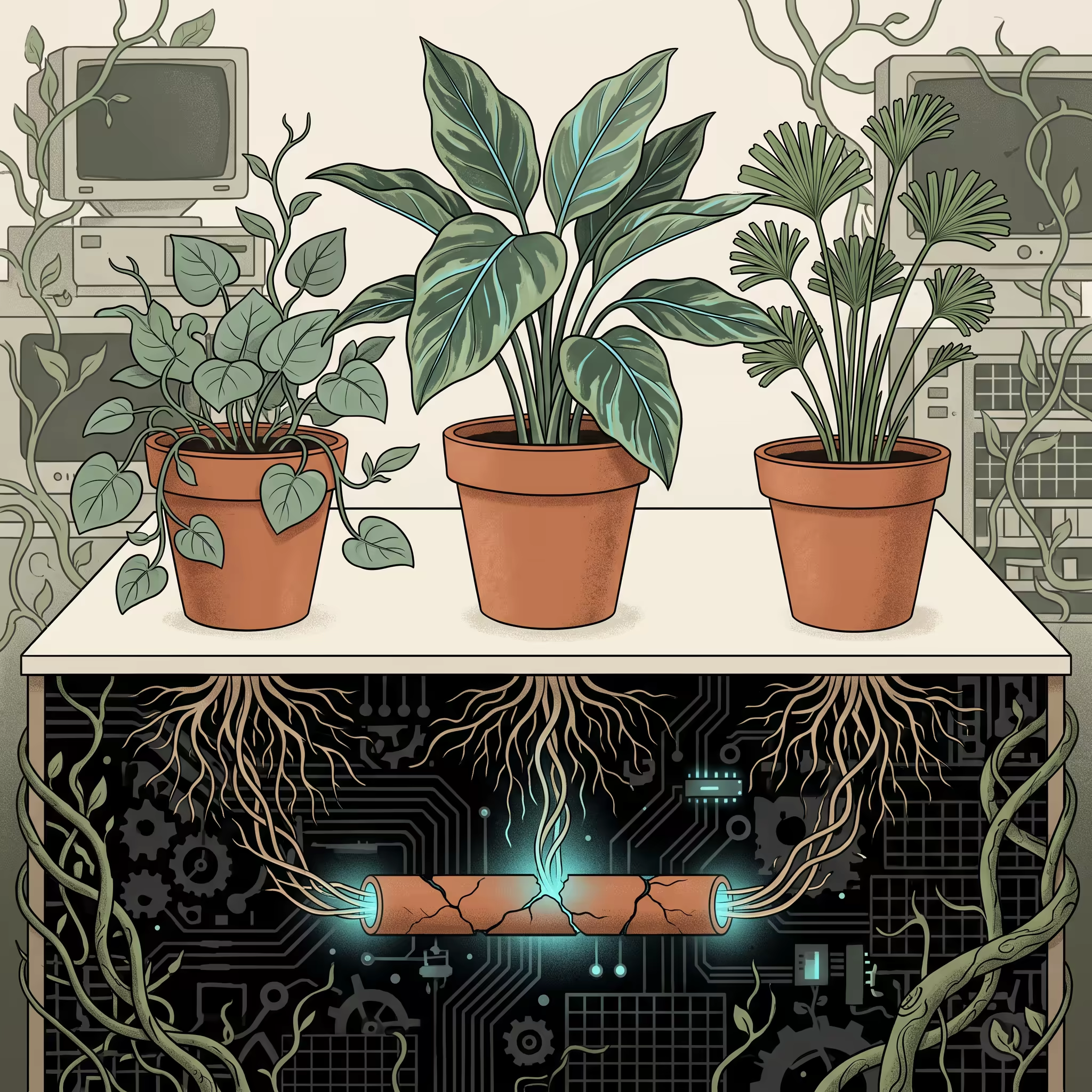 Three separate potted plants on a table with roots diverging above ground but all three connected underground through one shared, cracked clay pipe glowing at the crack, botanical-tech illustration