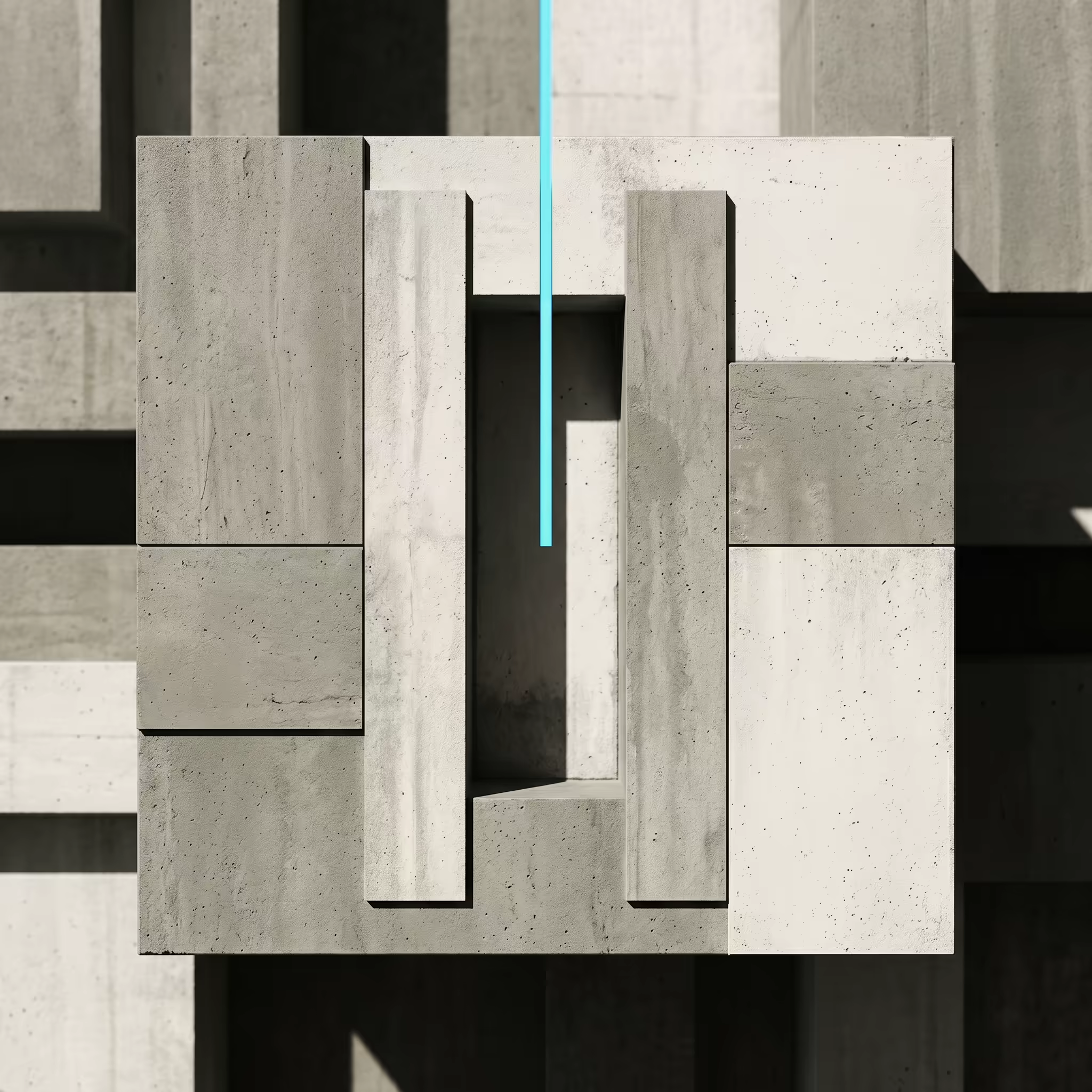 A close-up brutalist concrete architectural structure with interlocking rectangular panels and a vertical electric cyan beam descending through a central channel
