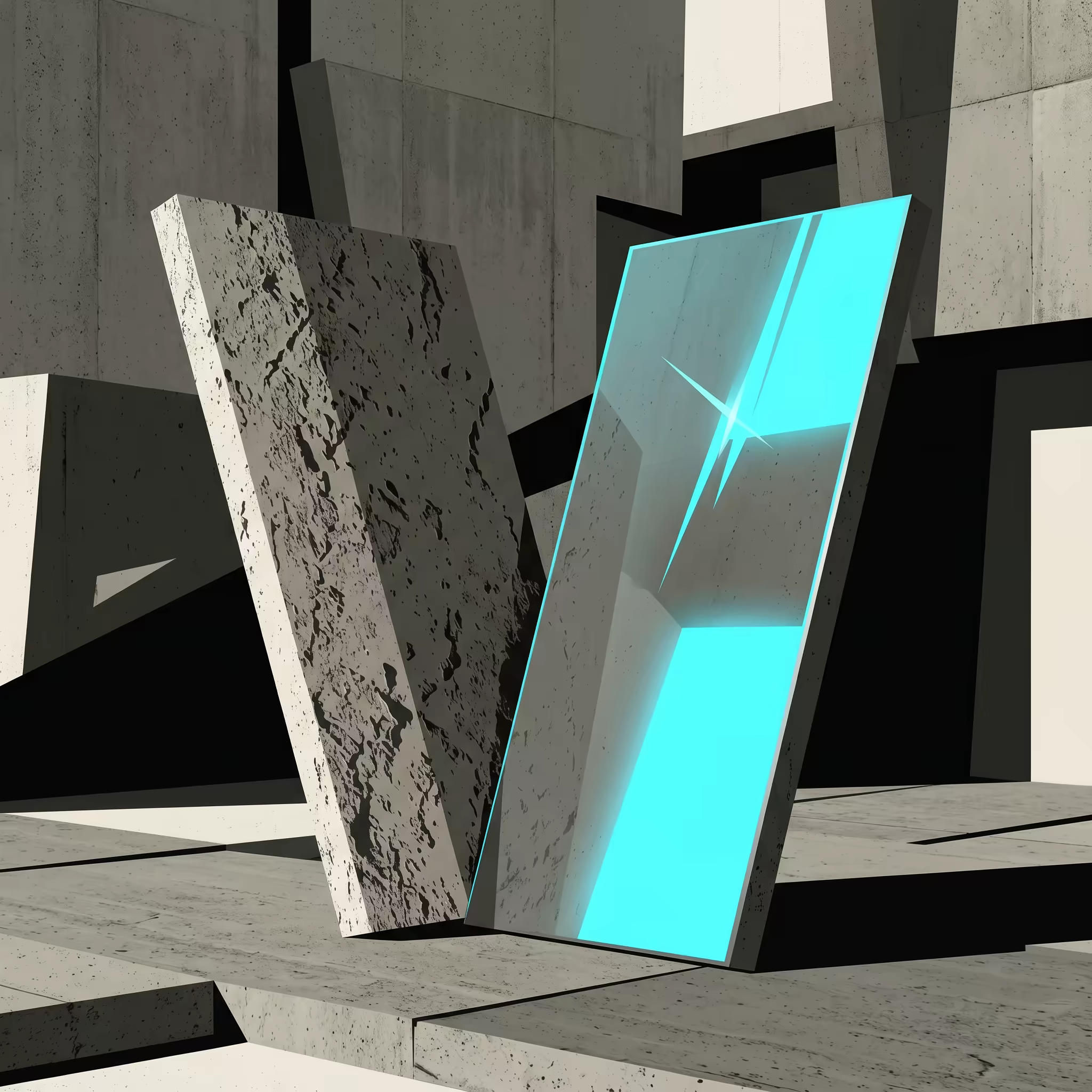 Two concrete slabs leaning against each other in a brutalist setting — the left slab rough and matte, the right slab smooth and luminous with a bright cyan reflection