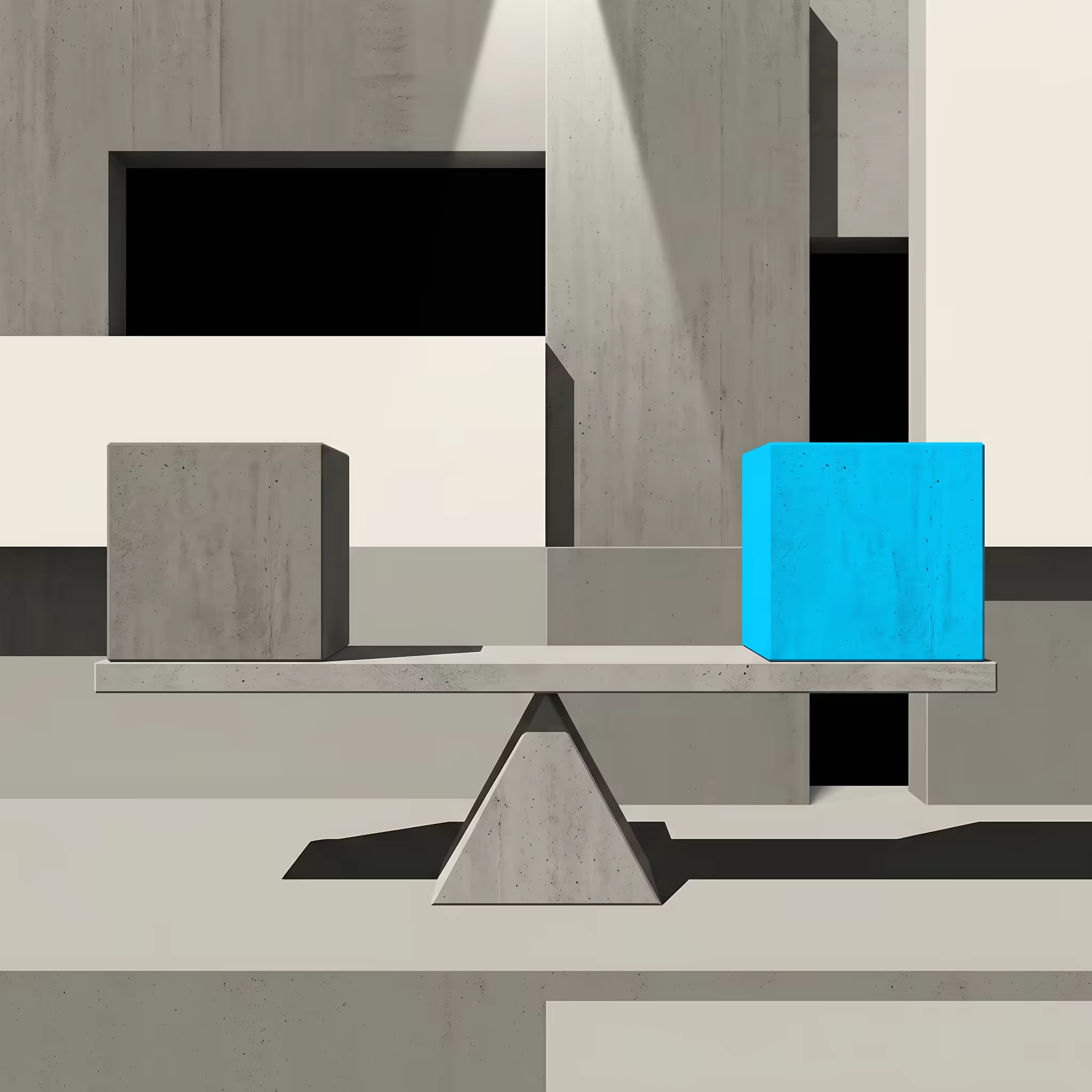 A concrete scale balanced on a triangular fulcrum with a matte grey block on the left and a solid electric cyan block on the right against a brutalist backdrop