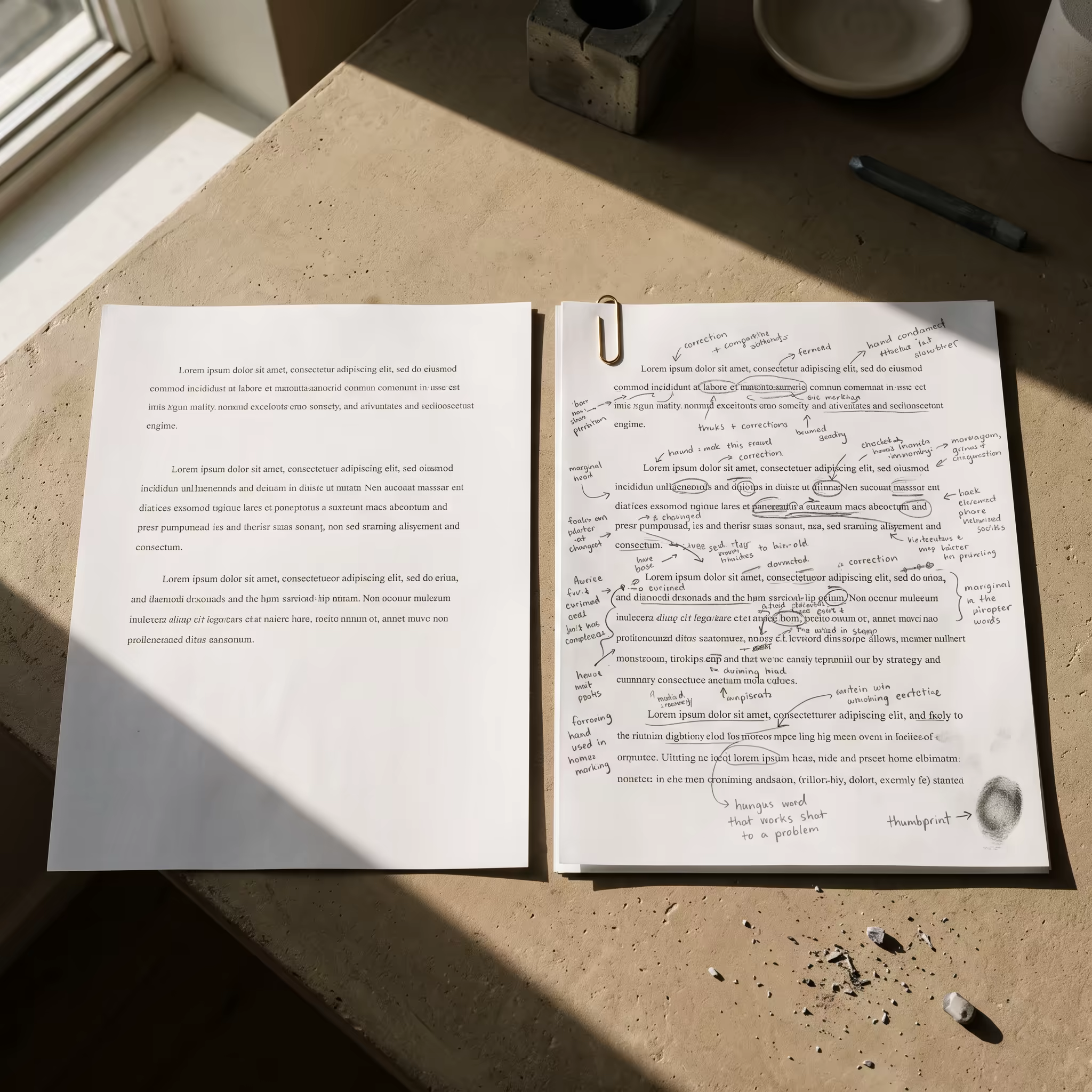 Two identical printed pages side by side on a sunlit beige desk, the left one pristine and untouched, the right one an exact duplicate now covered in dense pencil corrections and held by a brass paperclip, with eraser crumbs scattered nearby
