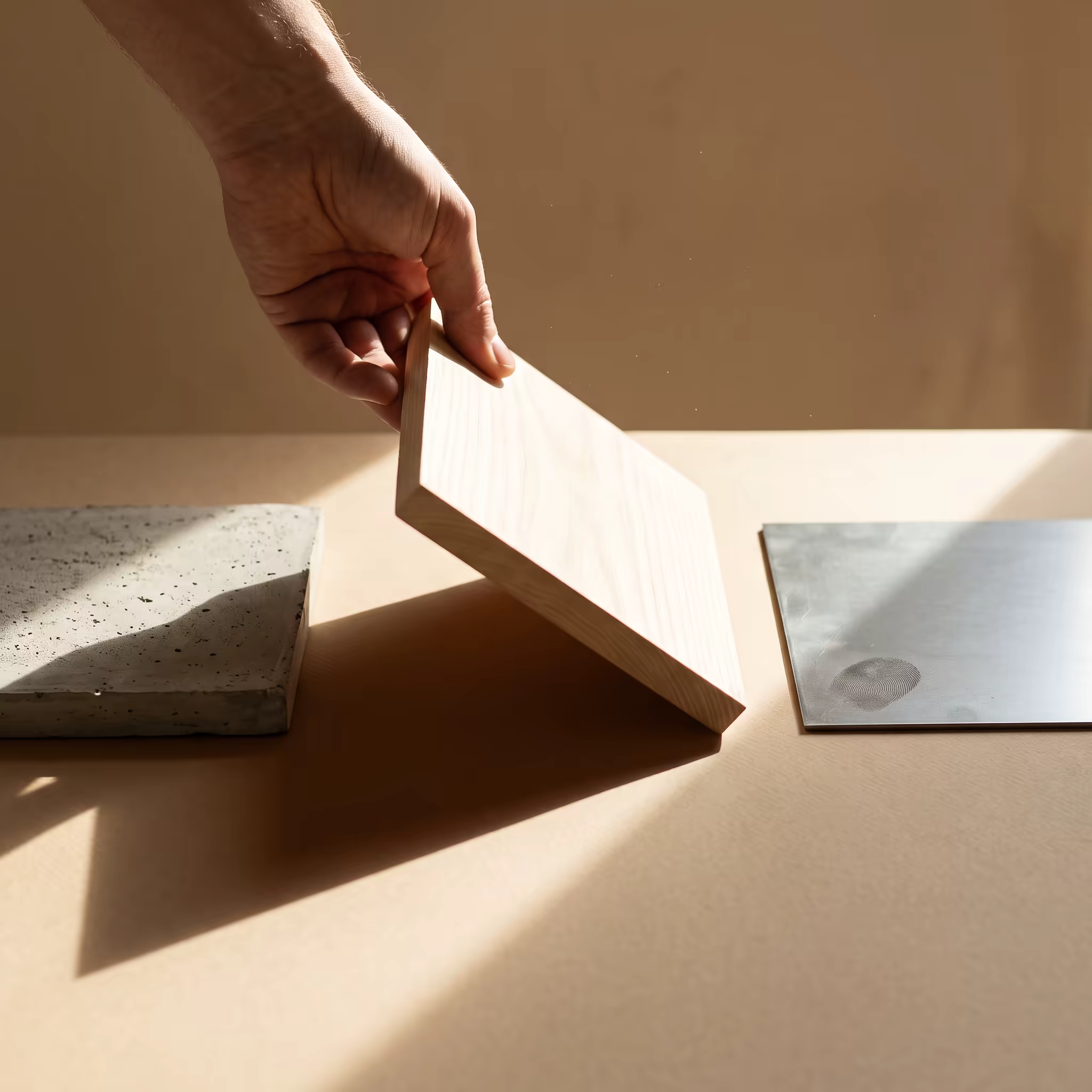 Three blank rectangular base plates laid in a row on a beige desk, one cast concrete, one pale ash wood and one polished steel, with a hand tilting the wooden middle plate up on its edge so it throws a hard angular shadow